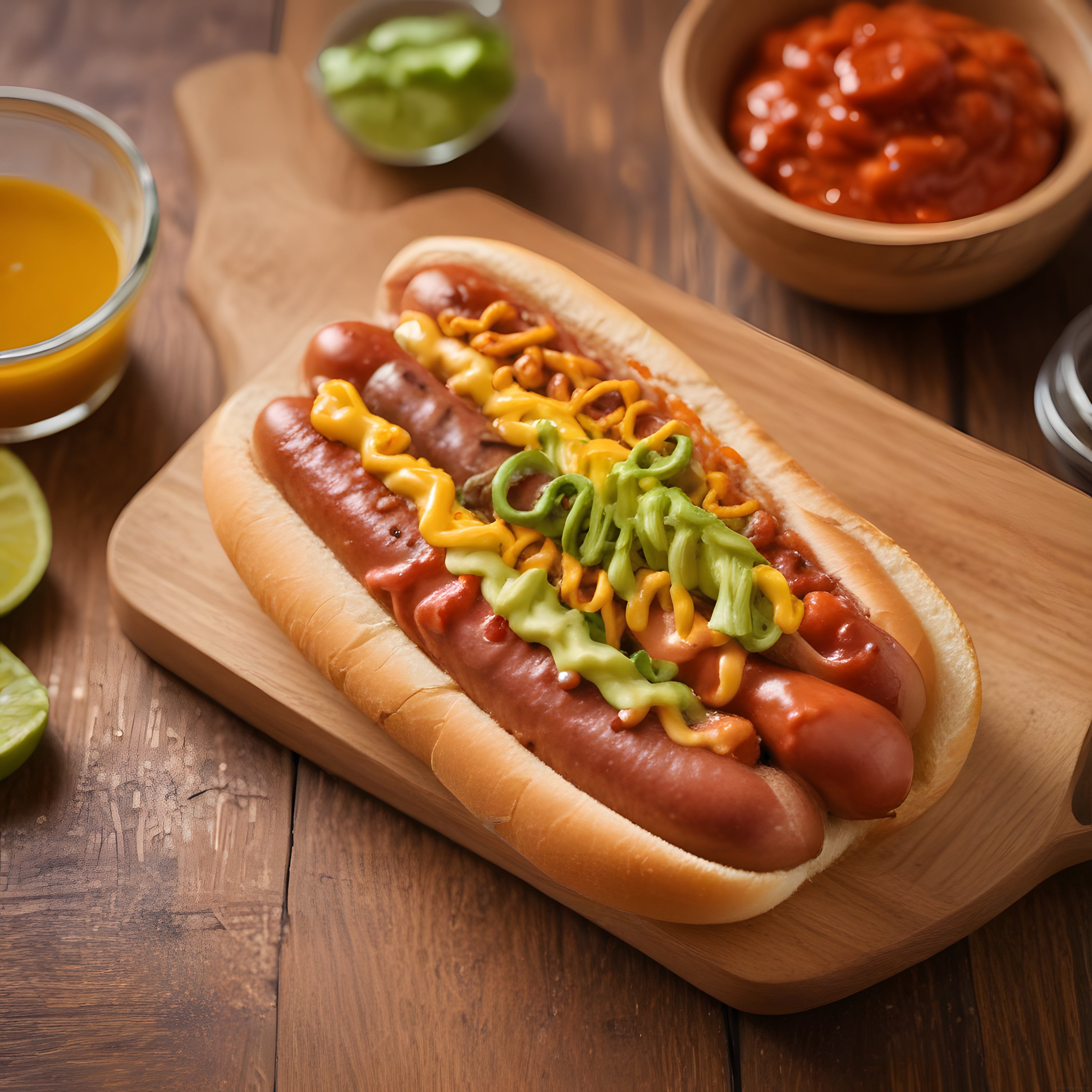 Ahşap sunum tahtasında üç renkli soslu çift sosisli nefis hot dog