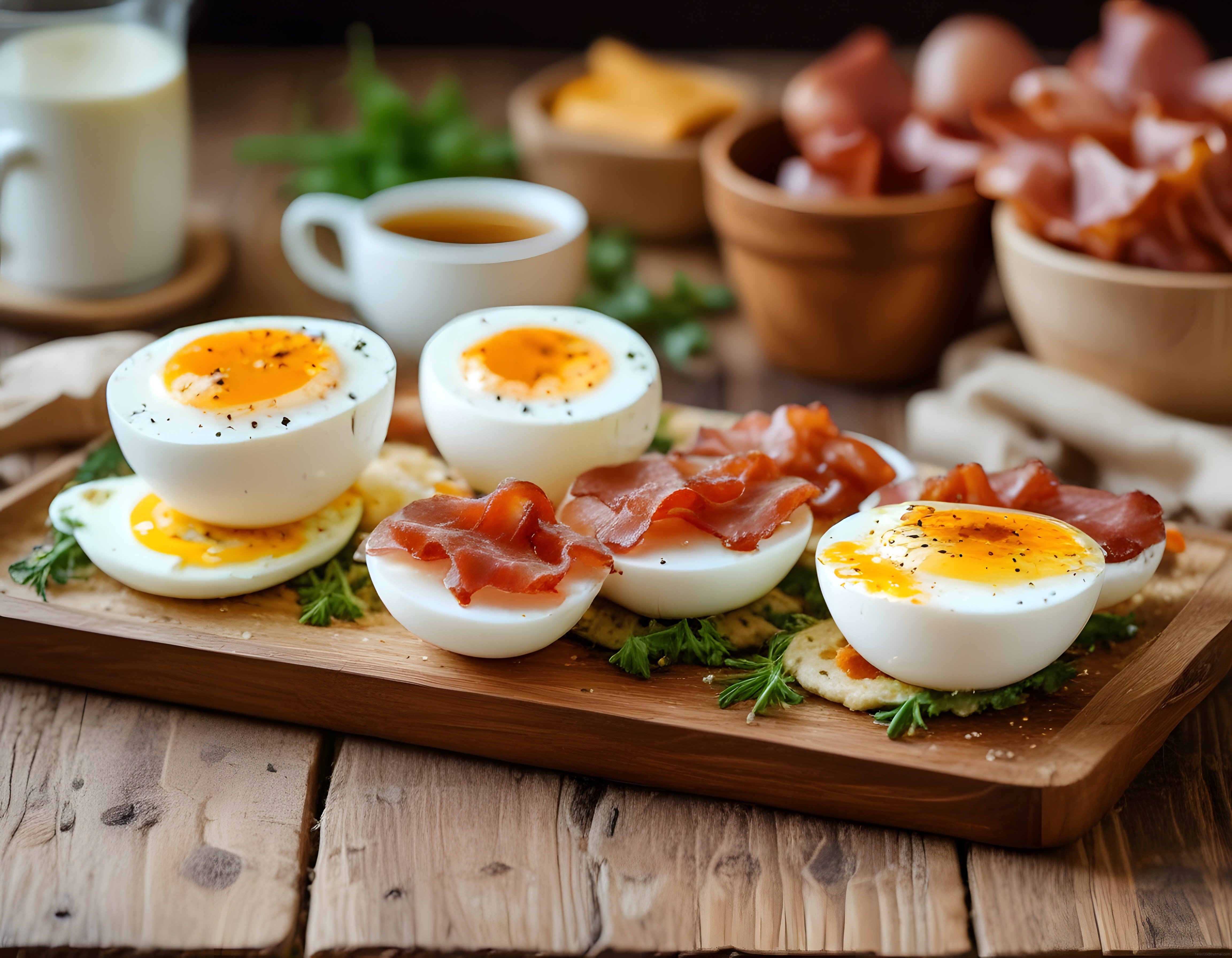 Ahşap Sunum Tahtasında Yarı Haşlanmış Yumurta ve Jambon Eşliğinde Kahvaltı Keyfi