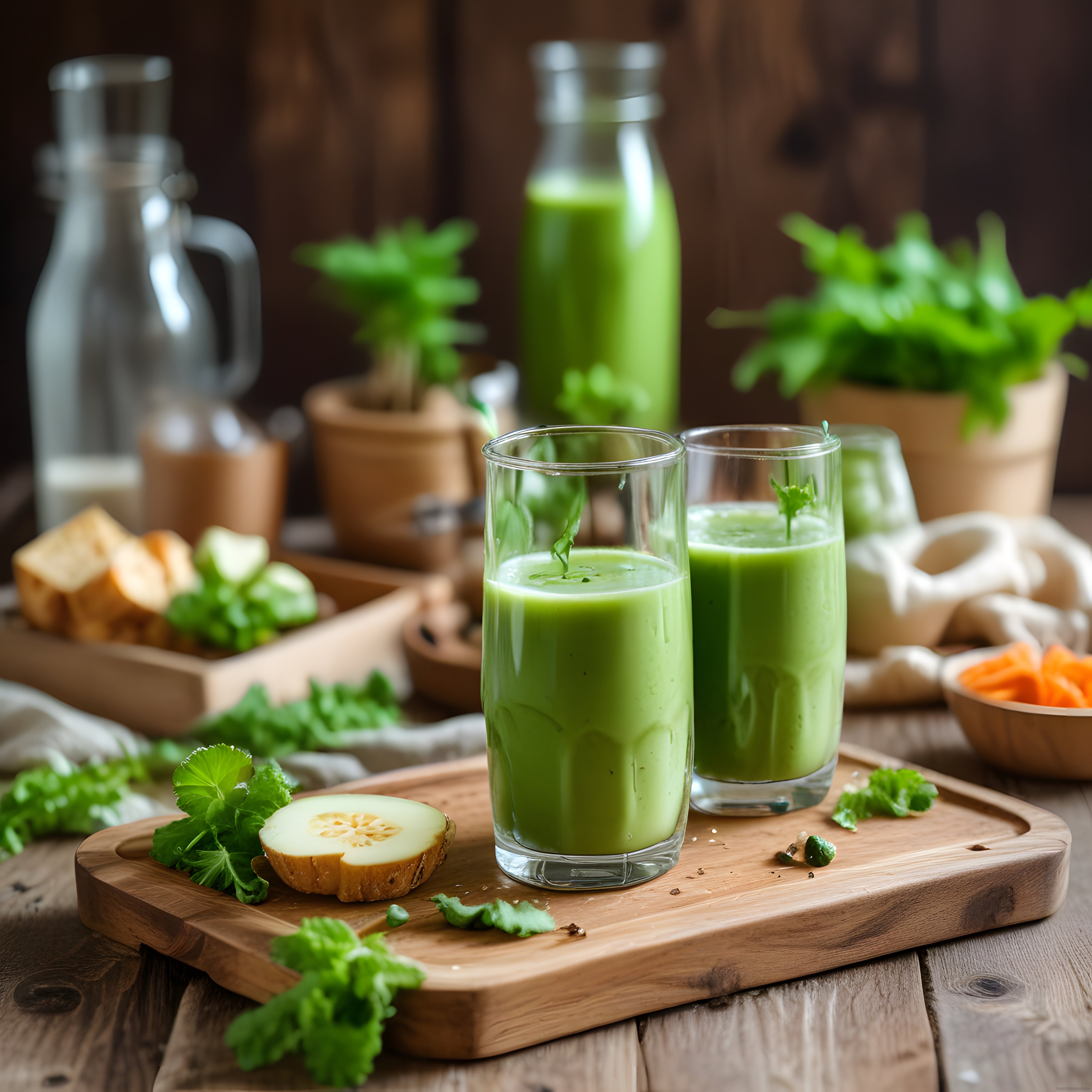 Ahşap Sunum Tahtasında Yeşil Detox Smoothie ve Taze Salatalık Dilimleri