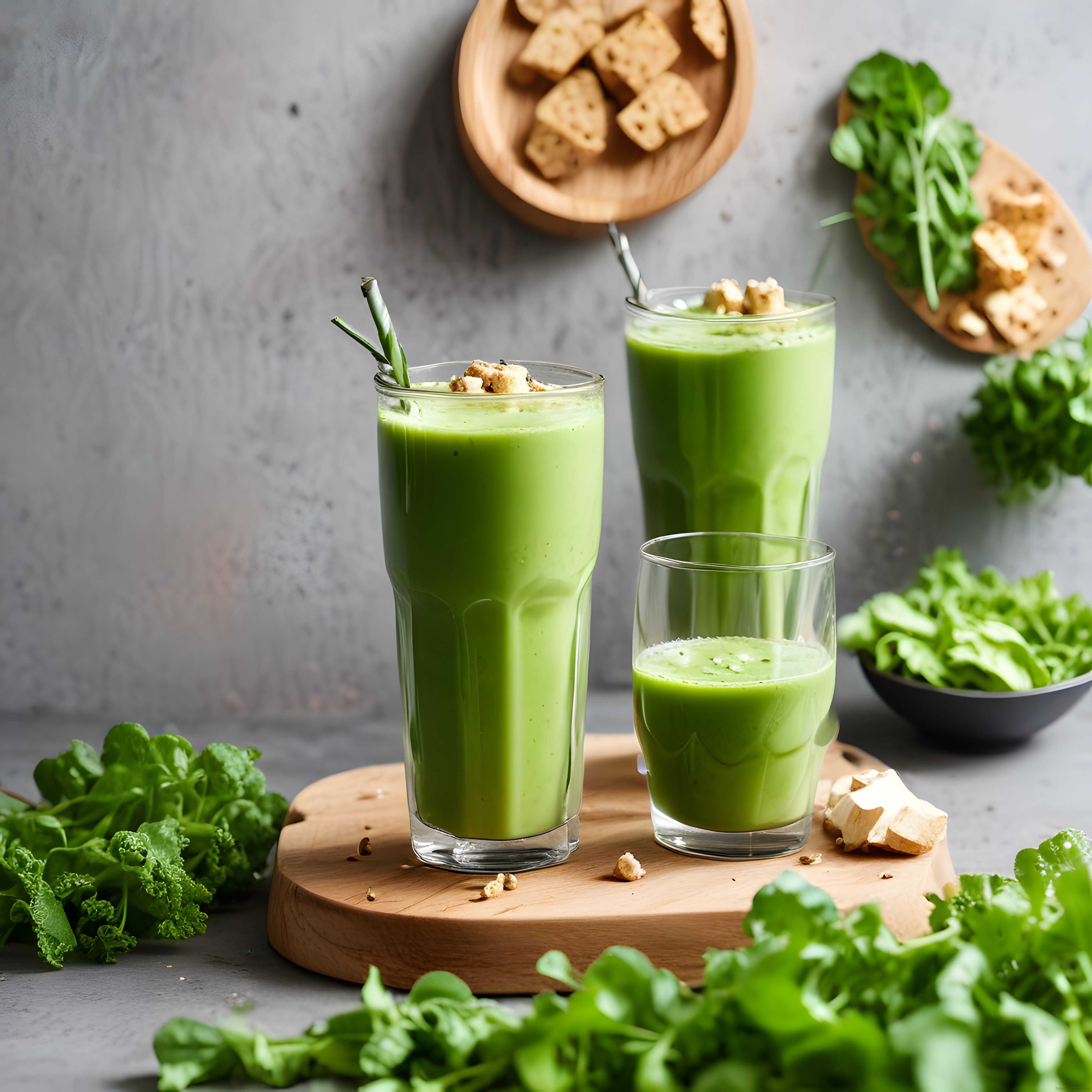 Ahşap Sunum Tahtasında Yeşil Sebzeli Smoothie ve Sağlıklı Atıştırmalıklar
