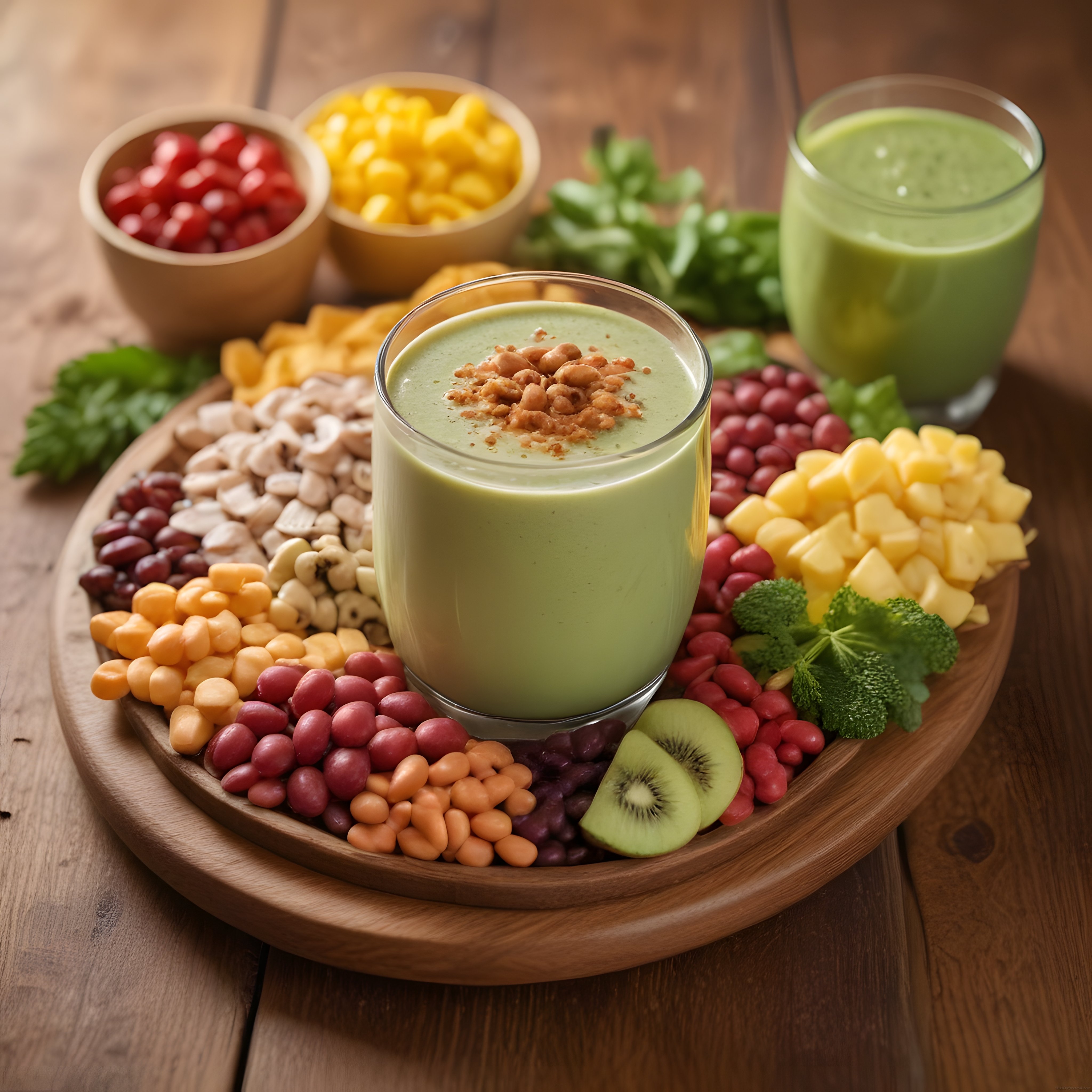 Ahşap Sunum Tahtasında Yeşil Smoothie ve Renkli Sağlıklı Atıştırmalık