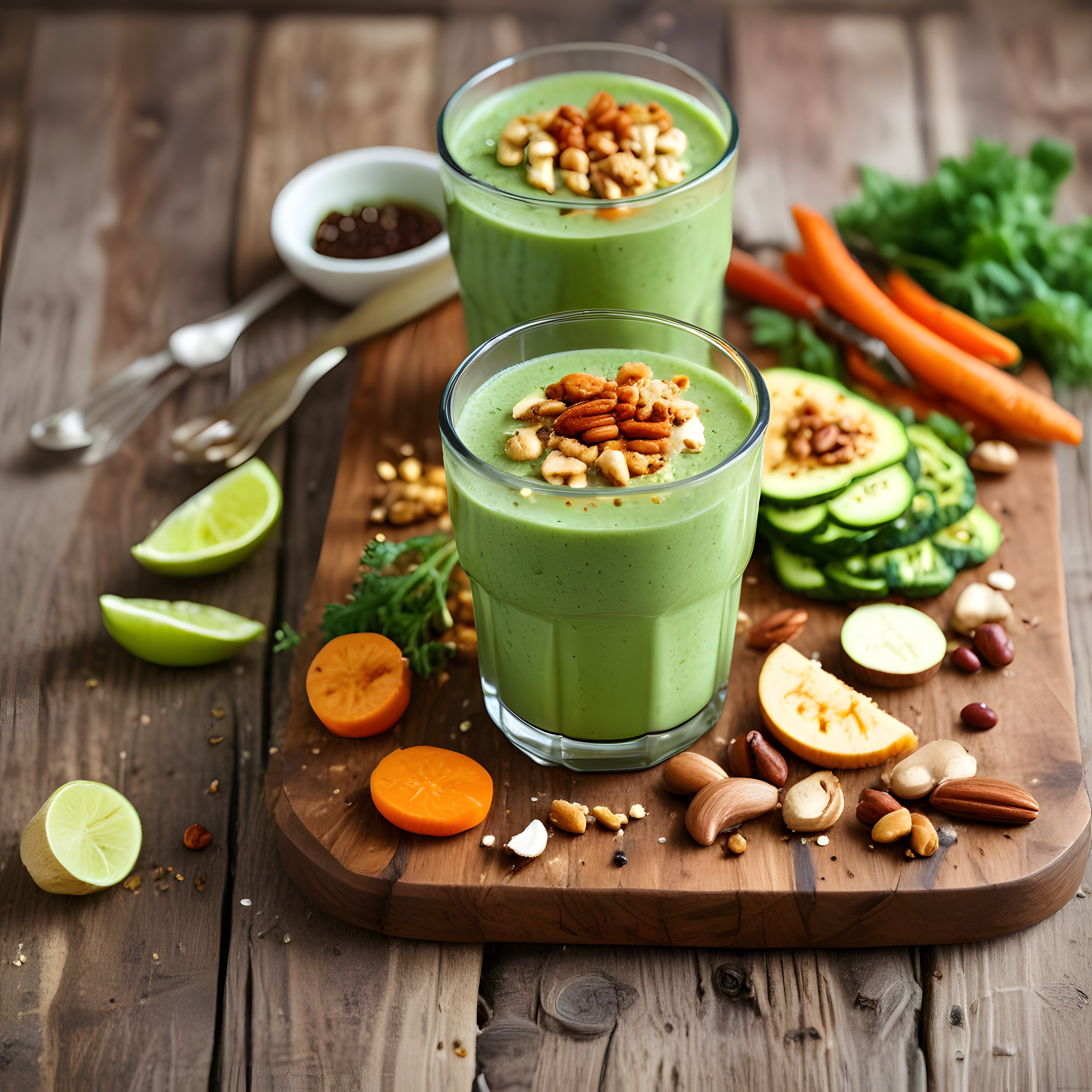 Ahşap sunum tahtasında yeşil smoothie ve sebzelerle sağlıklı beslenme