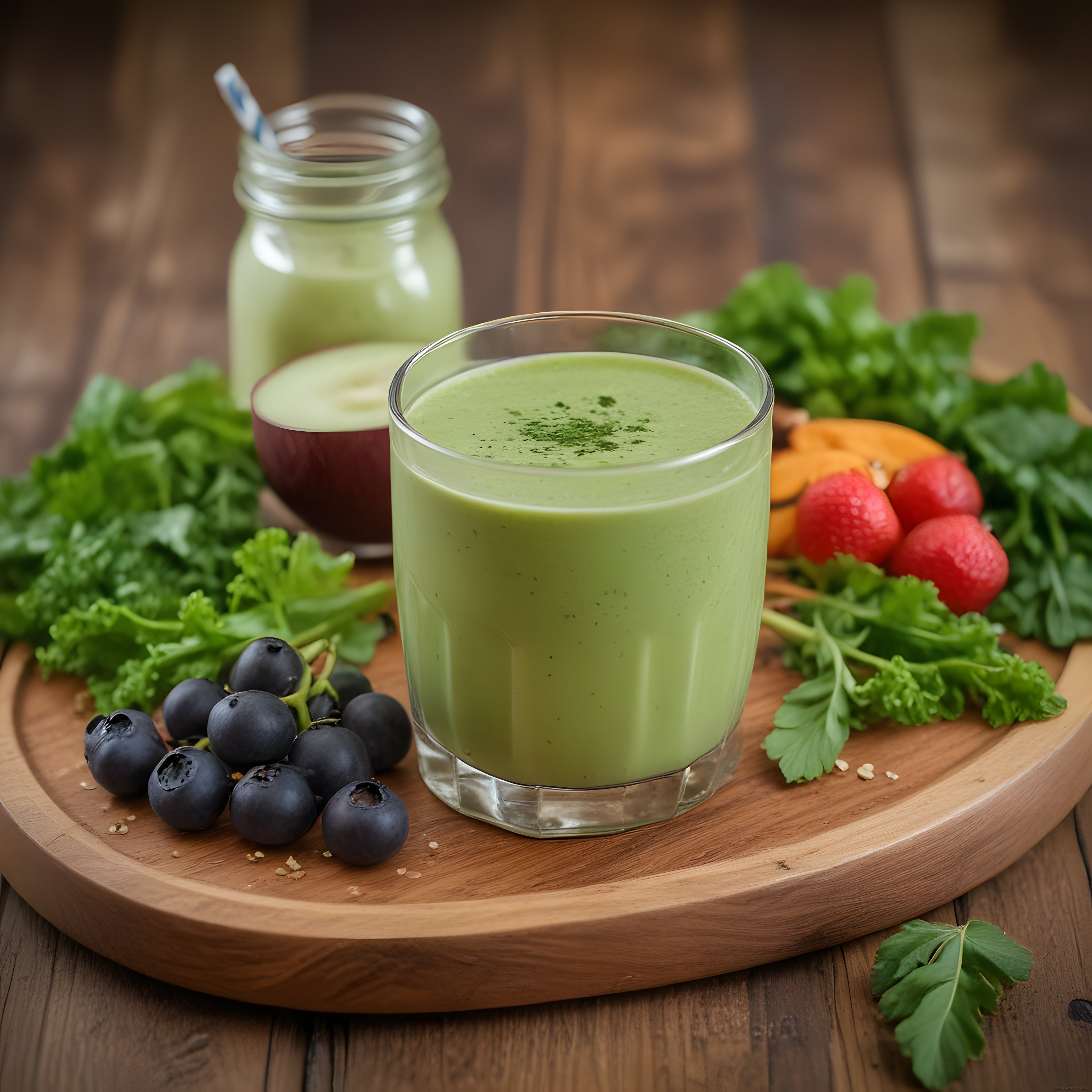 ahşap sunum tahtasında yeşil smoothie ve taze meyvelerle sağlıklı beslenme