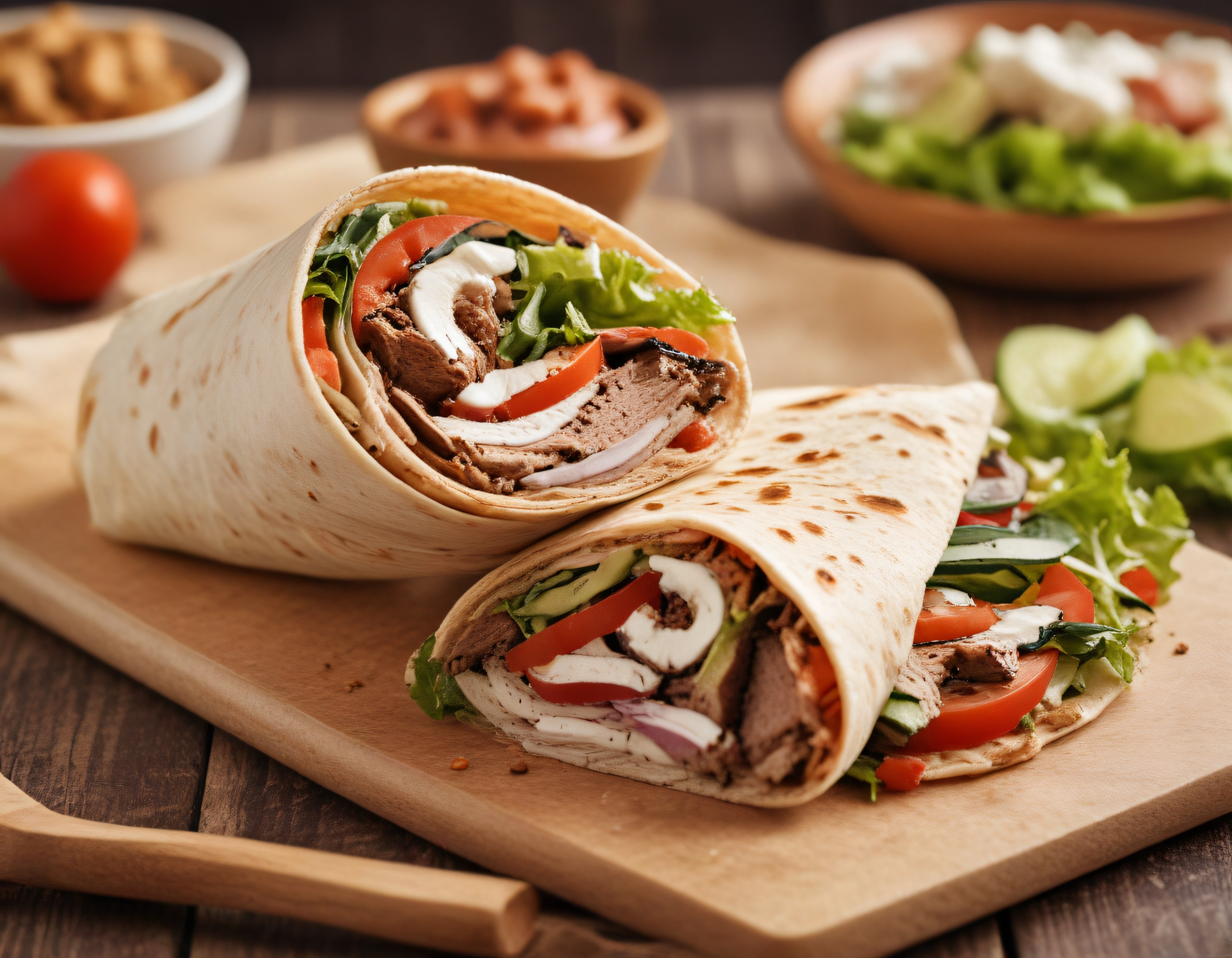 Ahşap Sunum Tahtasında Yoğurt Soslu Etli Dürüm Wrap ve Taze Sebzeler