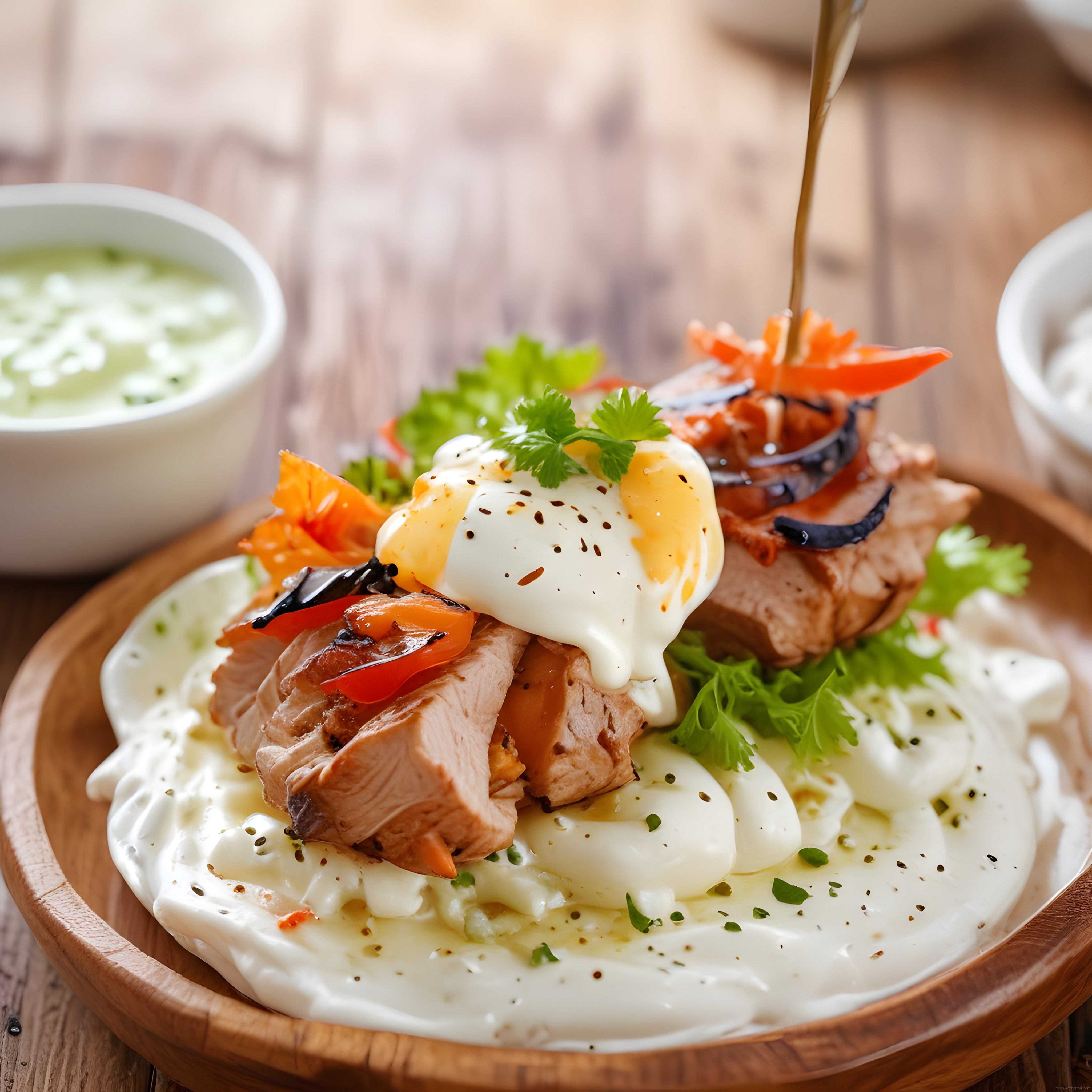Ahşap Sunum Tahtasında Yoğurt Soslu Etli ve Yumurtalı Gourmet Yemek Tarifi