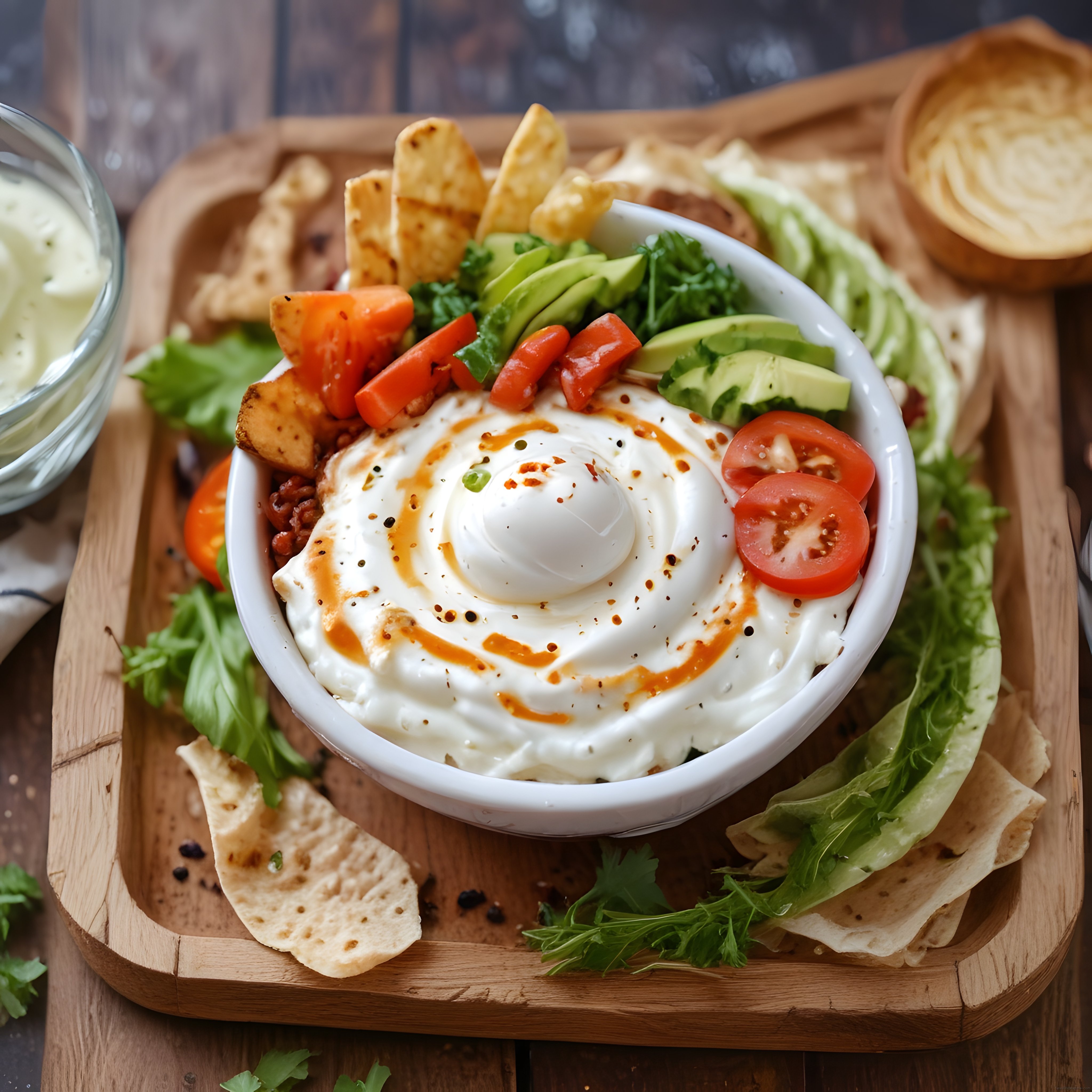 Ahşap Sunum Tahtasında Yoğurtlu Kahvaltı Kasesi: Yumurta, Avokado ve Cips