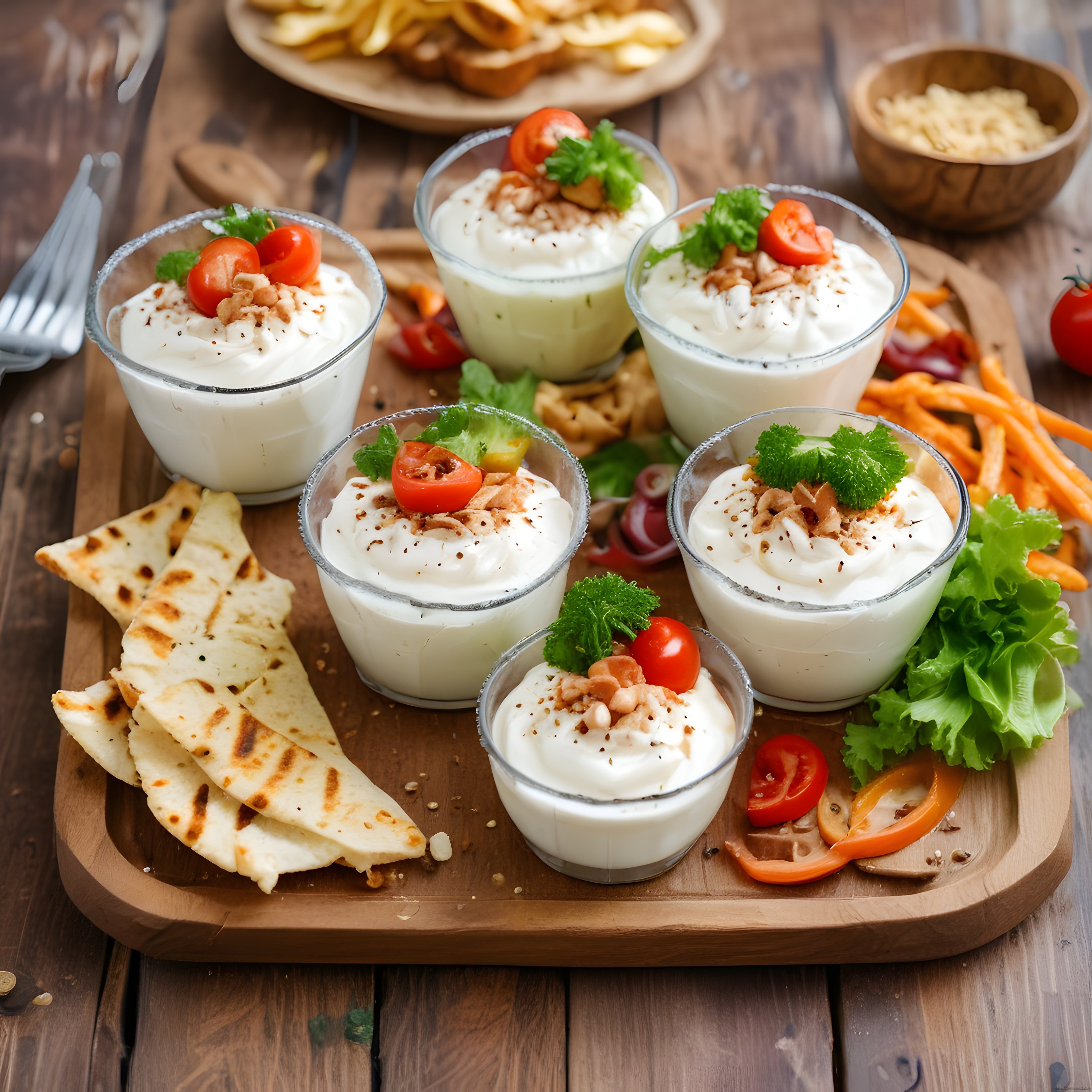 Ahşap Sunum Tahtasında Yoğurtlu Meze ve Izgara Ekmek ile Şık Bir Sofra