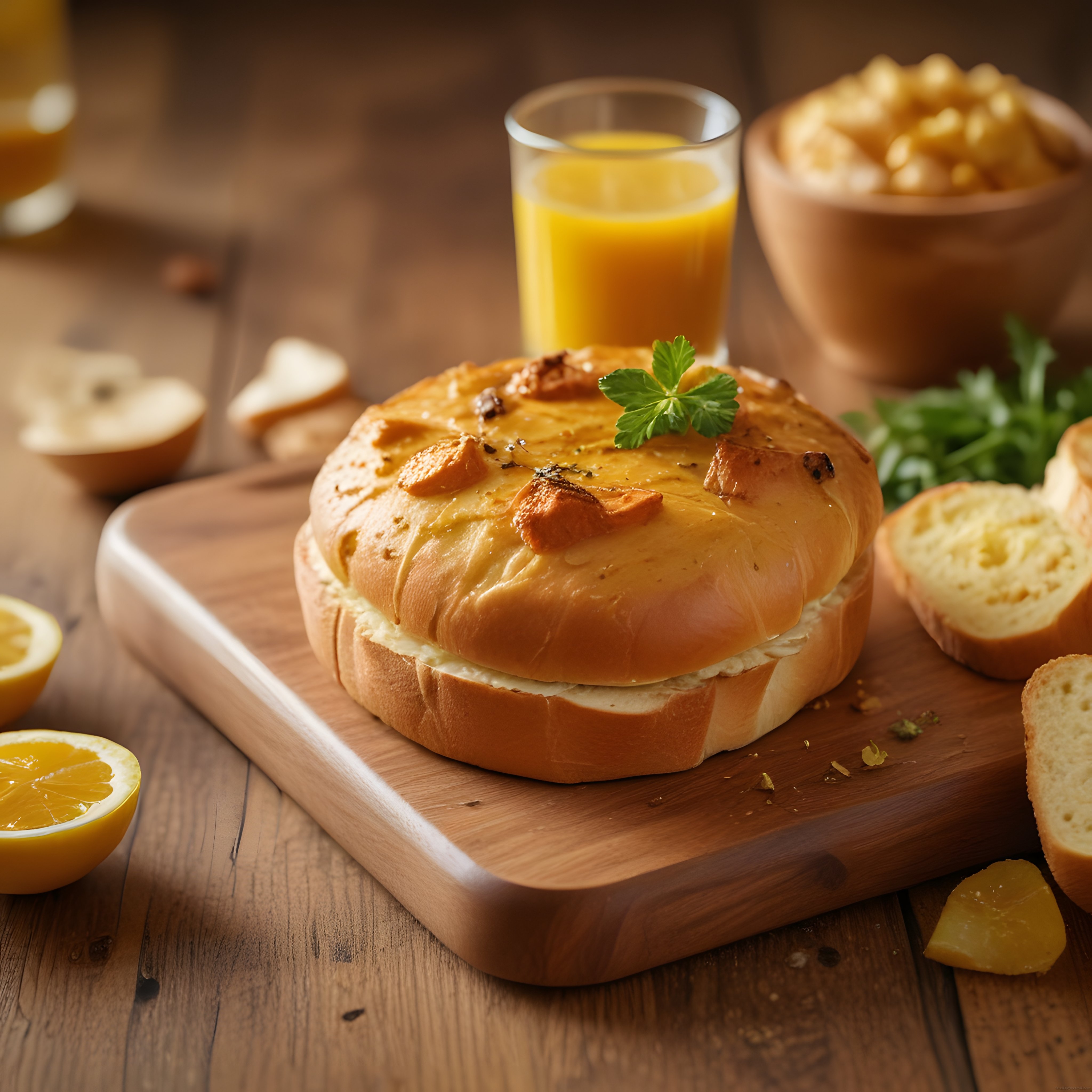 Ahşap sunum tahtasında yumurtalı kahvaltı sandviçi ve portakal suyu