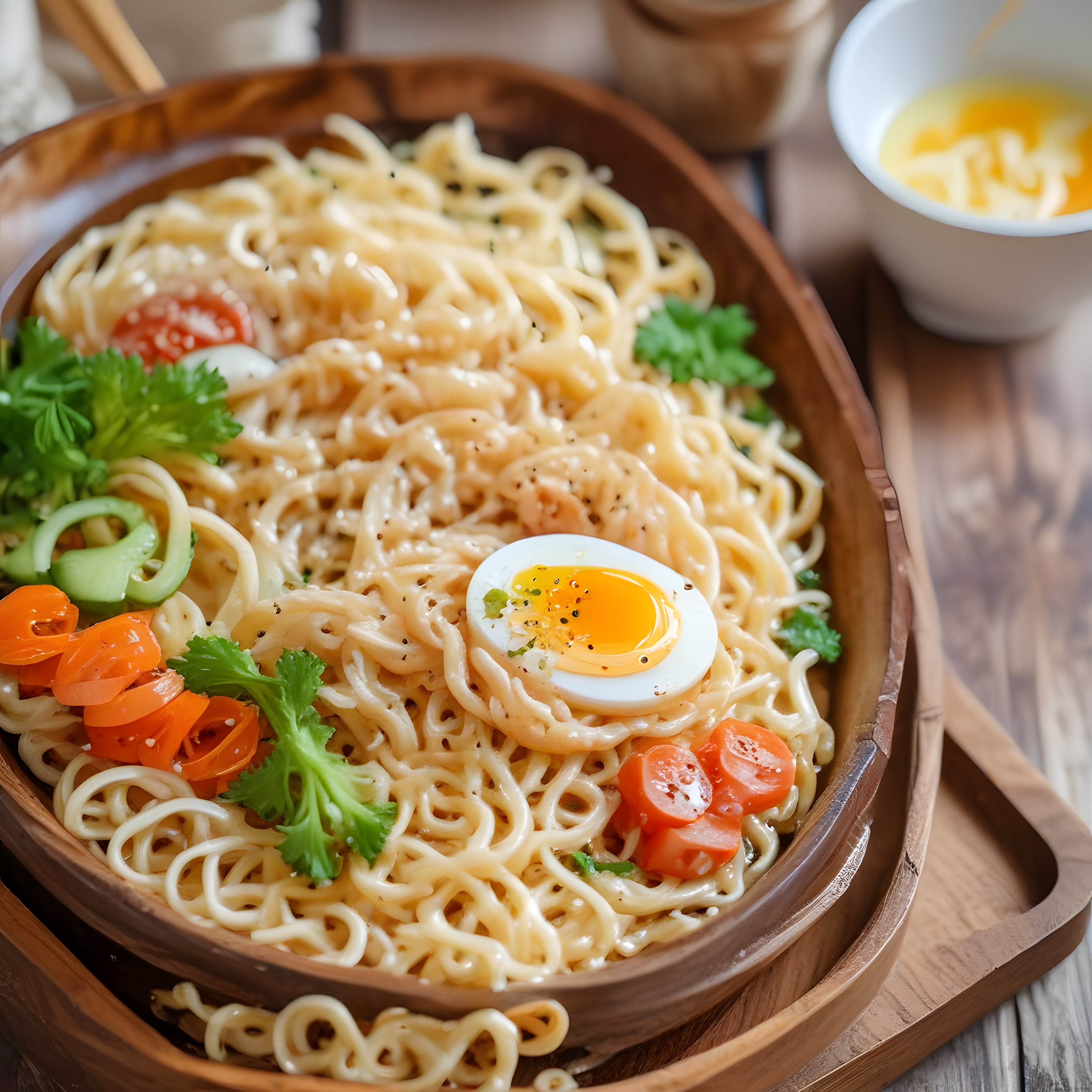 Ahşap Sunum Tahtasında Yumurtalı Sebzeli Noodle Tarifi ve Servis Önerisi