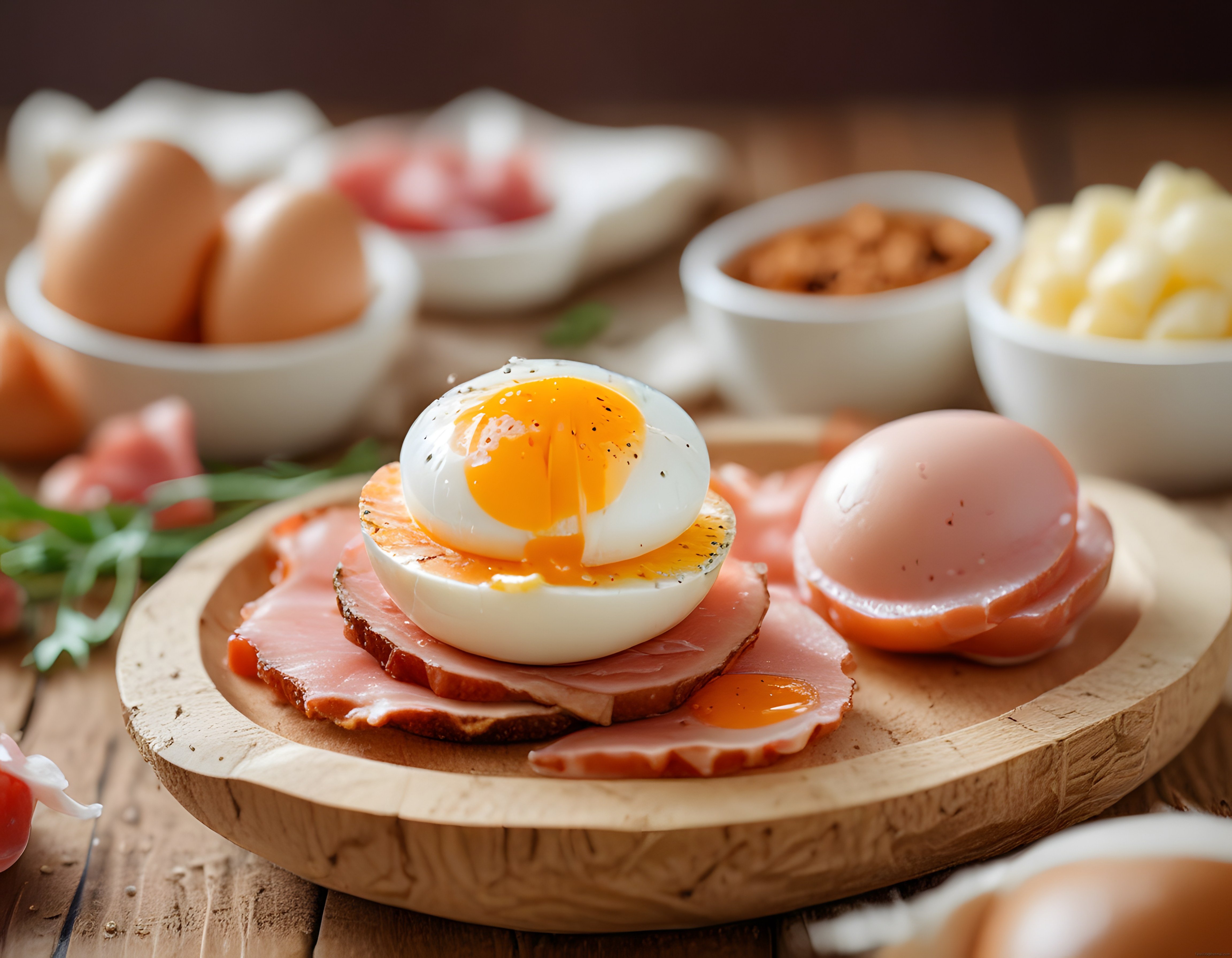 Ahşap Sunum Tahtasında Yumuşak Haşlanmış Yumurta ve Jambon ile Kahvaltı Keyfi