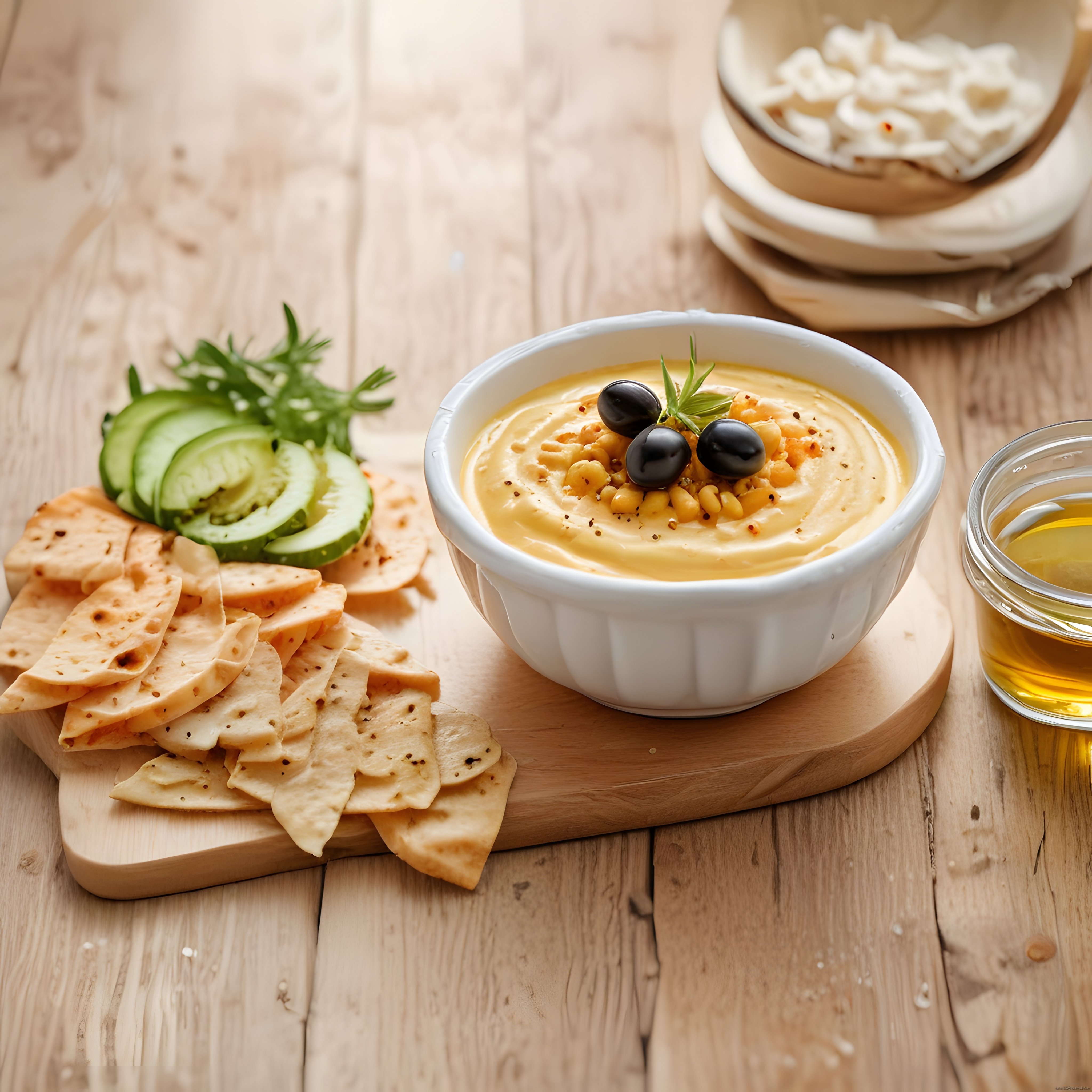 Ahşap Sunum Tahtasında Zeytin ve Salatalık Eşliğinde Ev Yapımı Humus