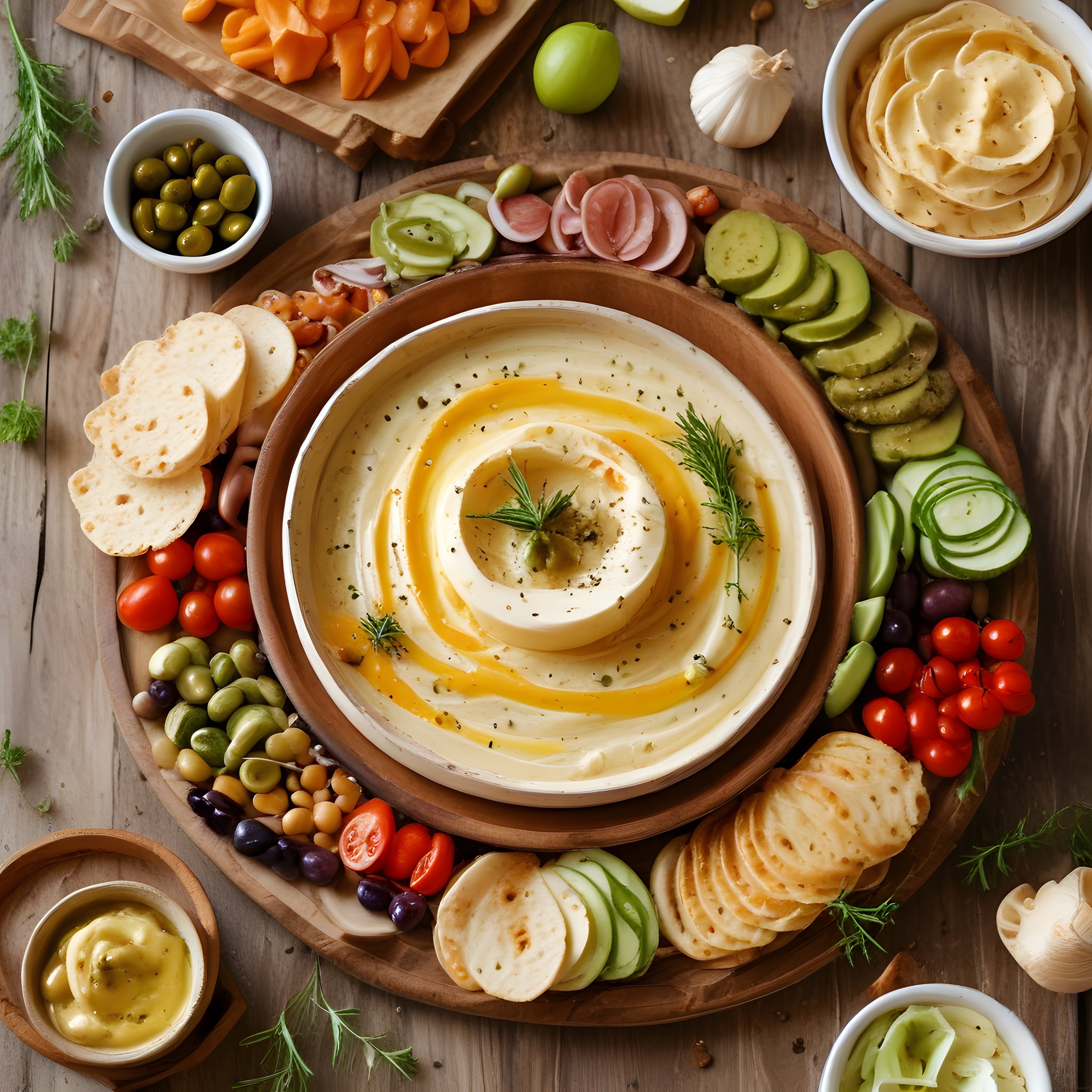 ahşap sunum tahtasında zeytinyağlı humus taze sebzeler ve kızarmış ekmekler