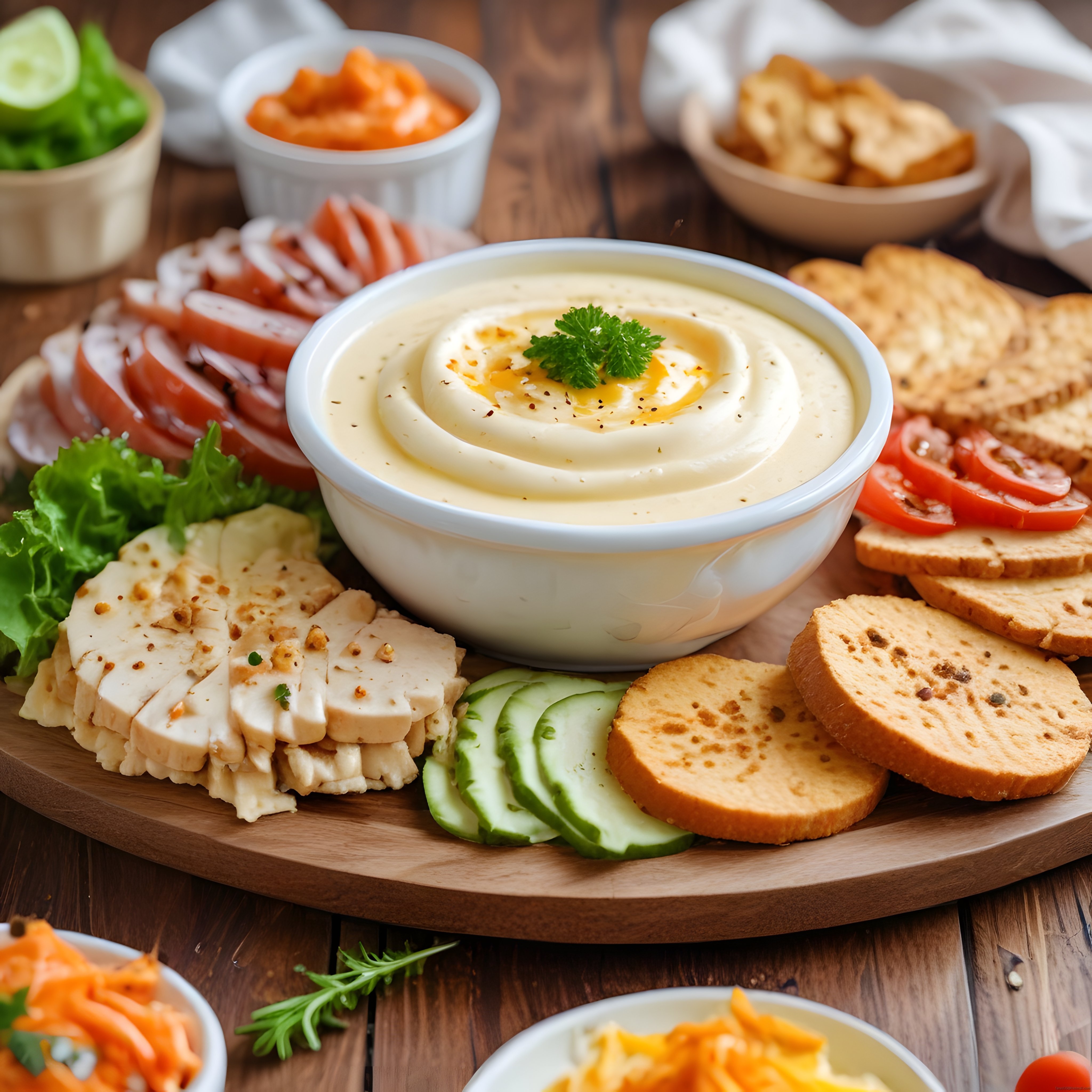 Ahşap Sunum Tahtasında Zeytinyağlı Humus ve Taze Kahvaltılıklarla Rustic Sofra