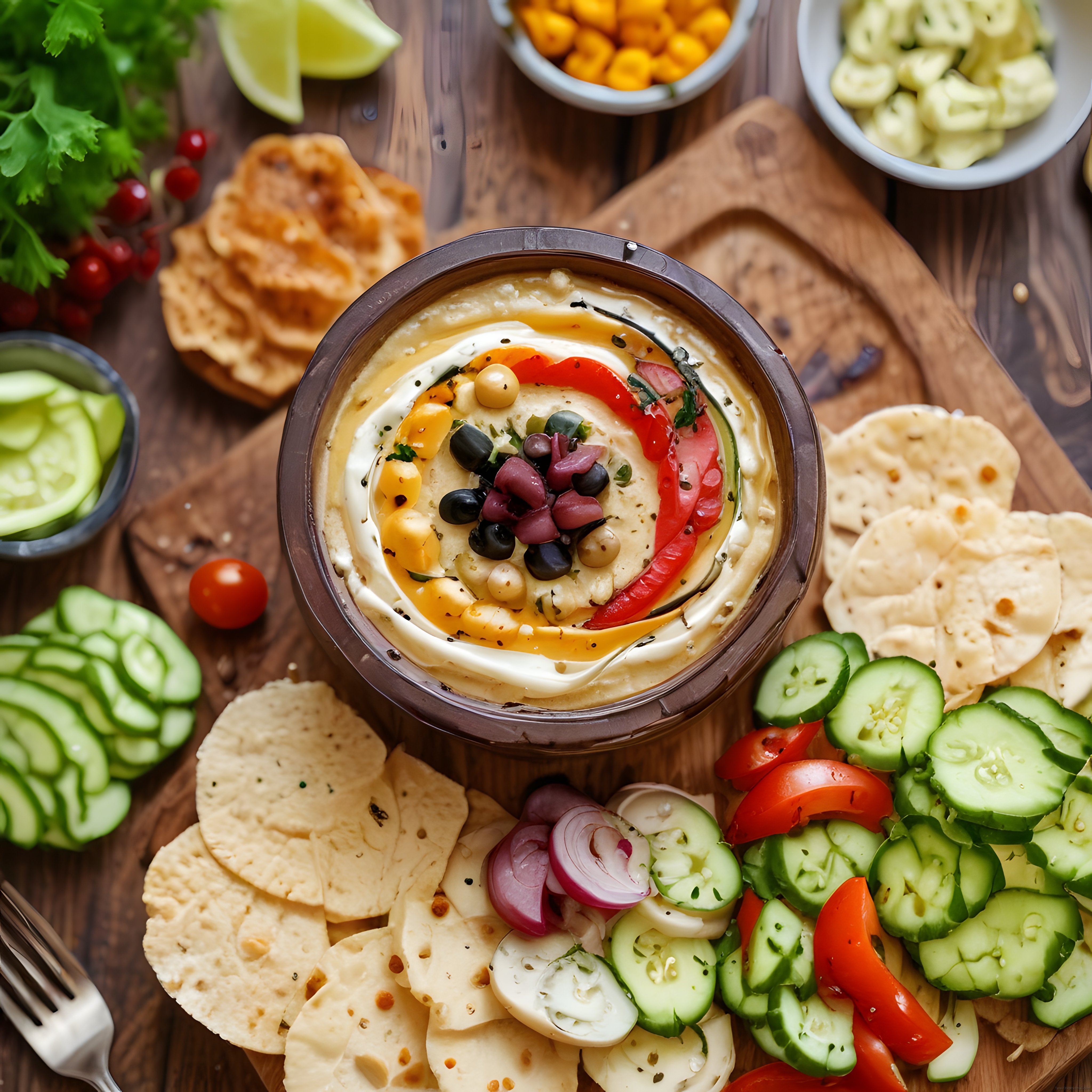 Ahşap Sunum Tahtasında Zeytinyağlı Humus ve Taze Sebze Mezeleri