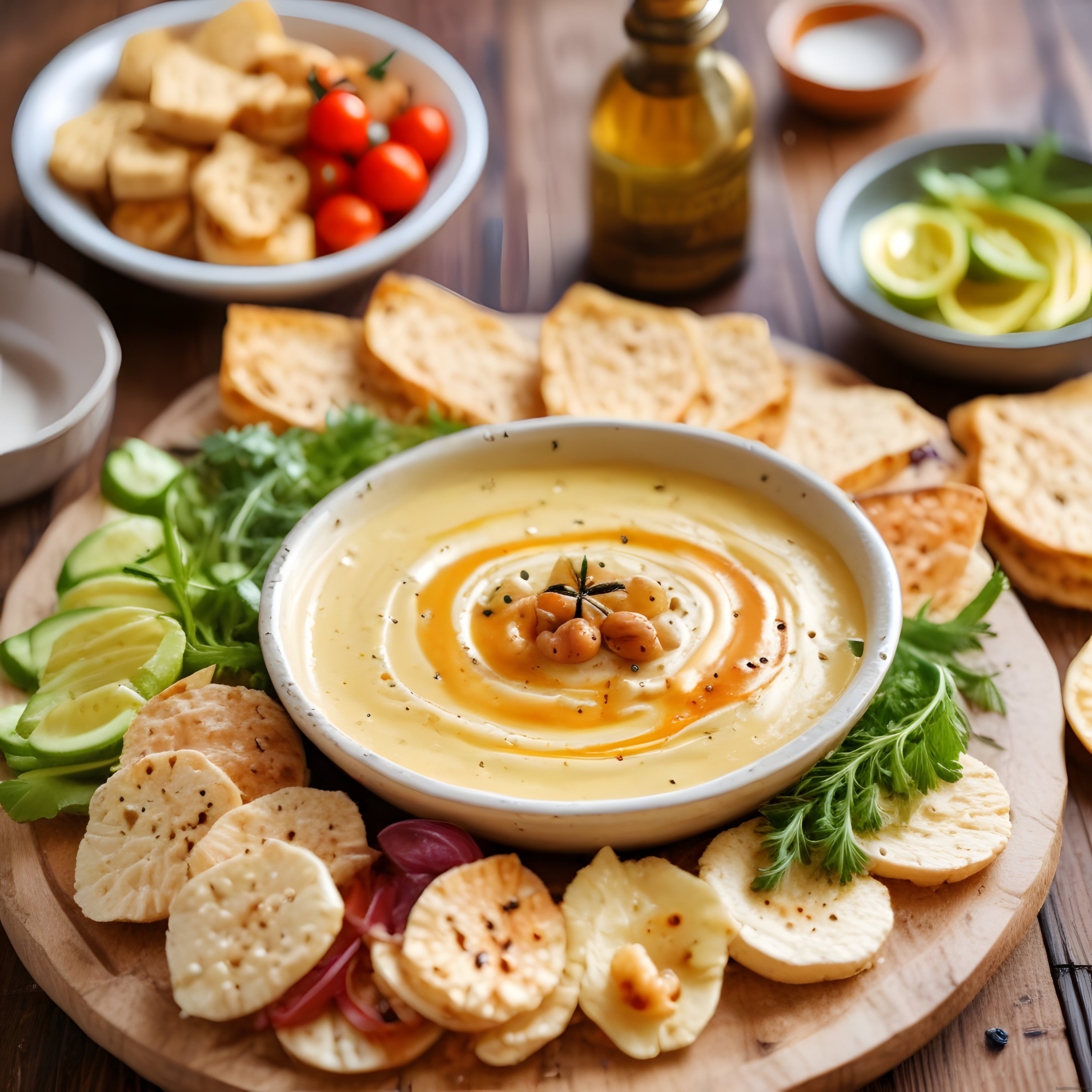 ahşap sunum tahtasında zeytinyağlı humus ve taze sebzelerle dolu masa