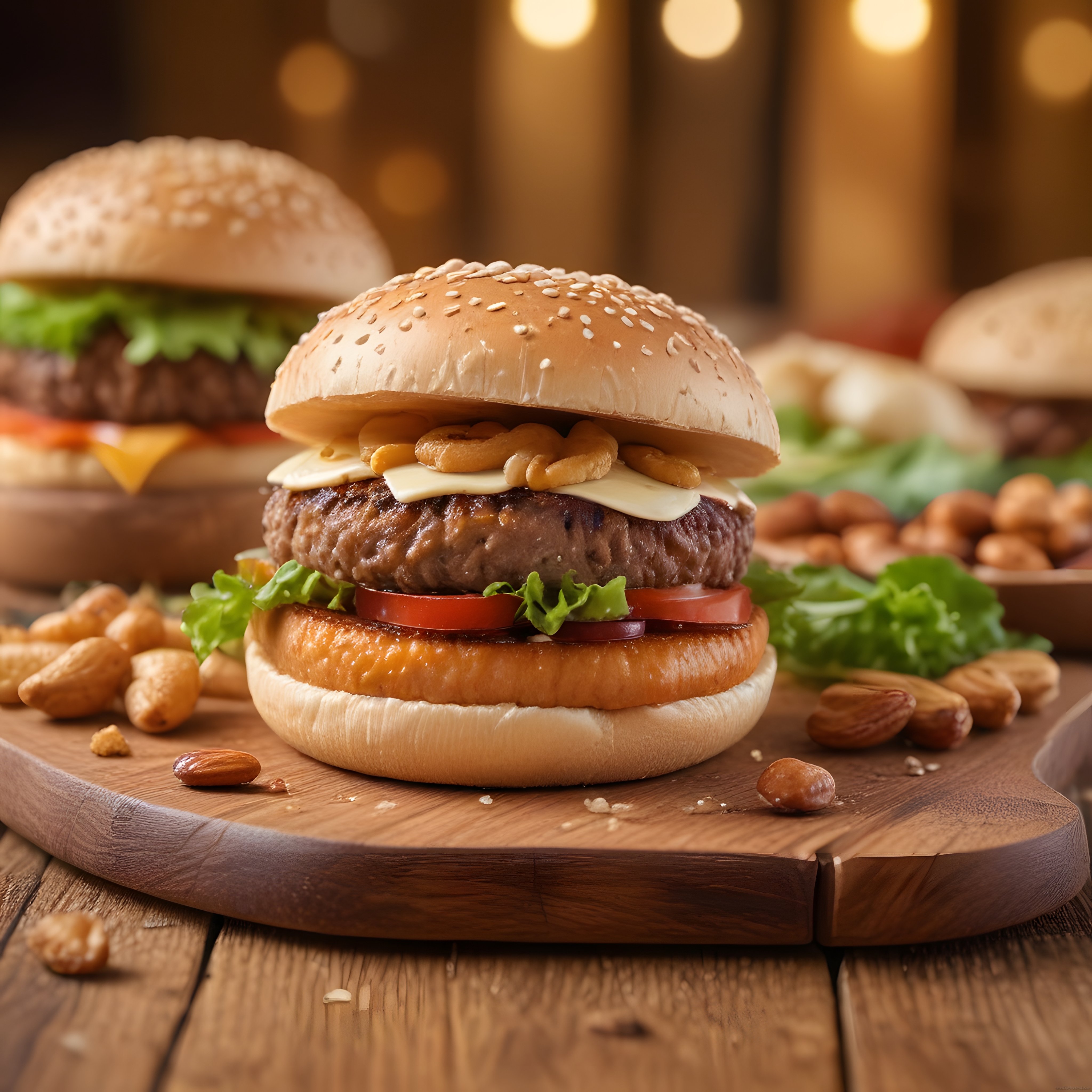Ahşap Sunum Tahtasındaki Kuruyemişli Gurme Hamburger ve Yan Lezzetler
