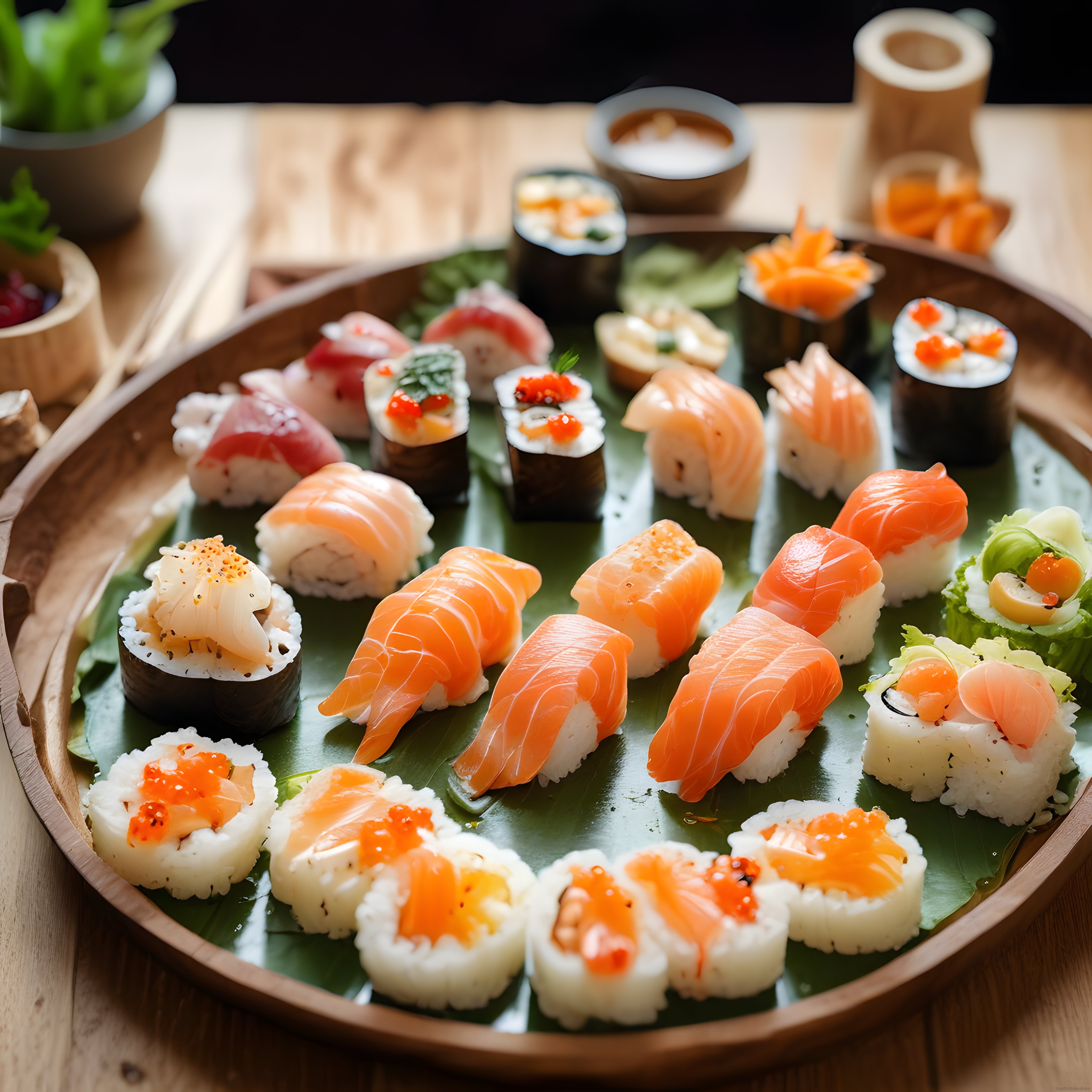 Ahşap Sunum Teknesinde Çeşitli Sushi ve Nigiriler: Somon, Ton Balığı, Havyar