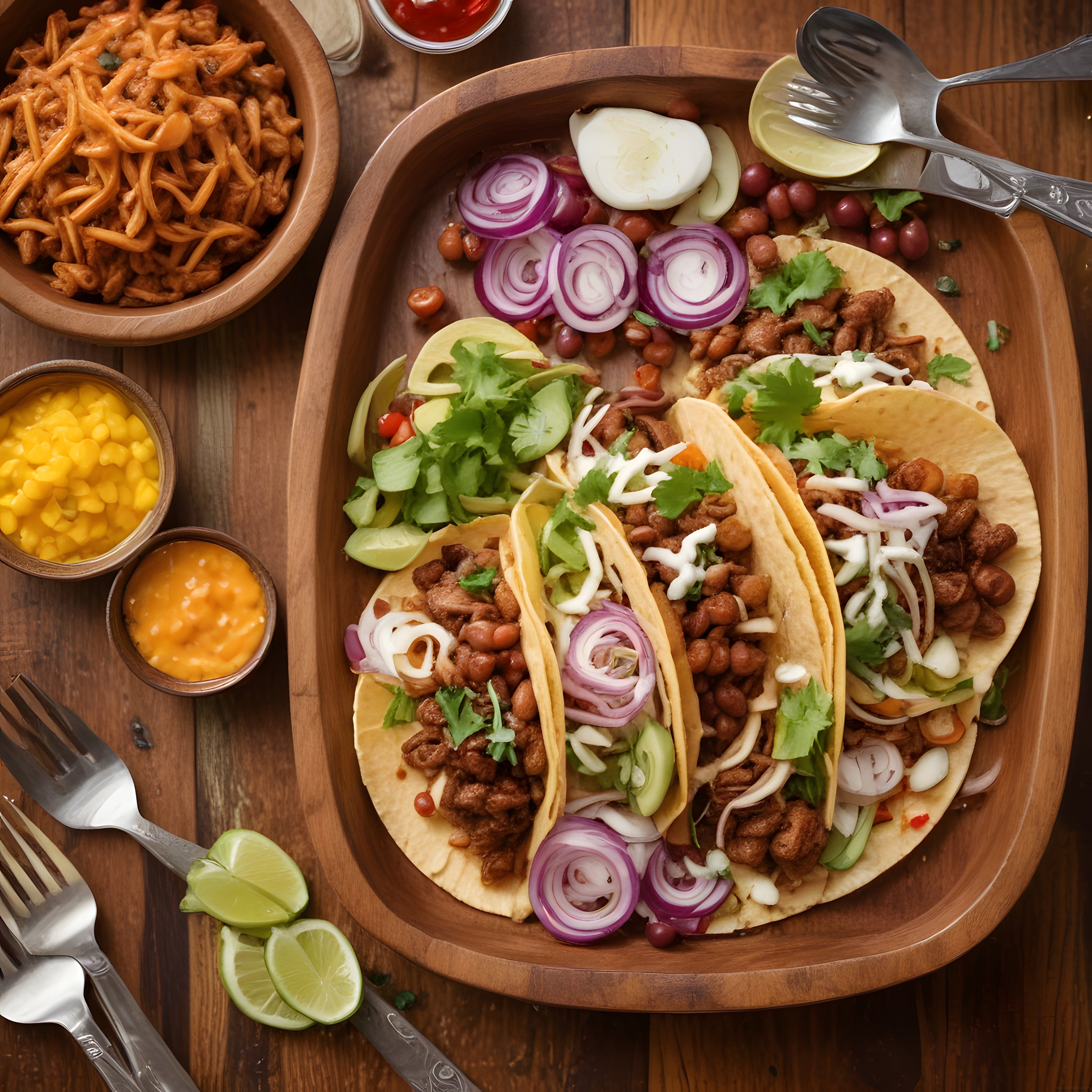 Ahşap sunum tepsisi üzerinde hazırlanmış nefis taco tabağı ve yanındaki lezzetler