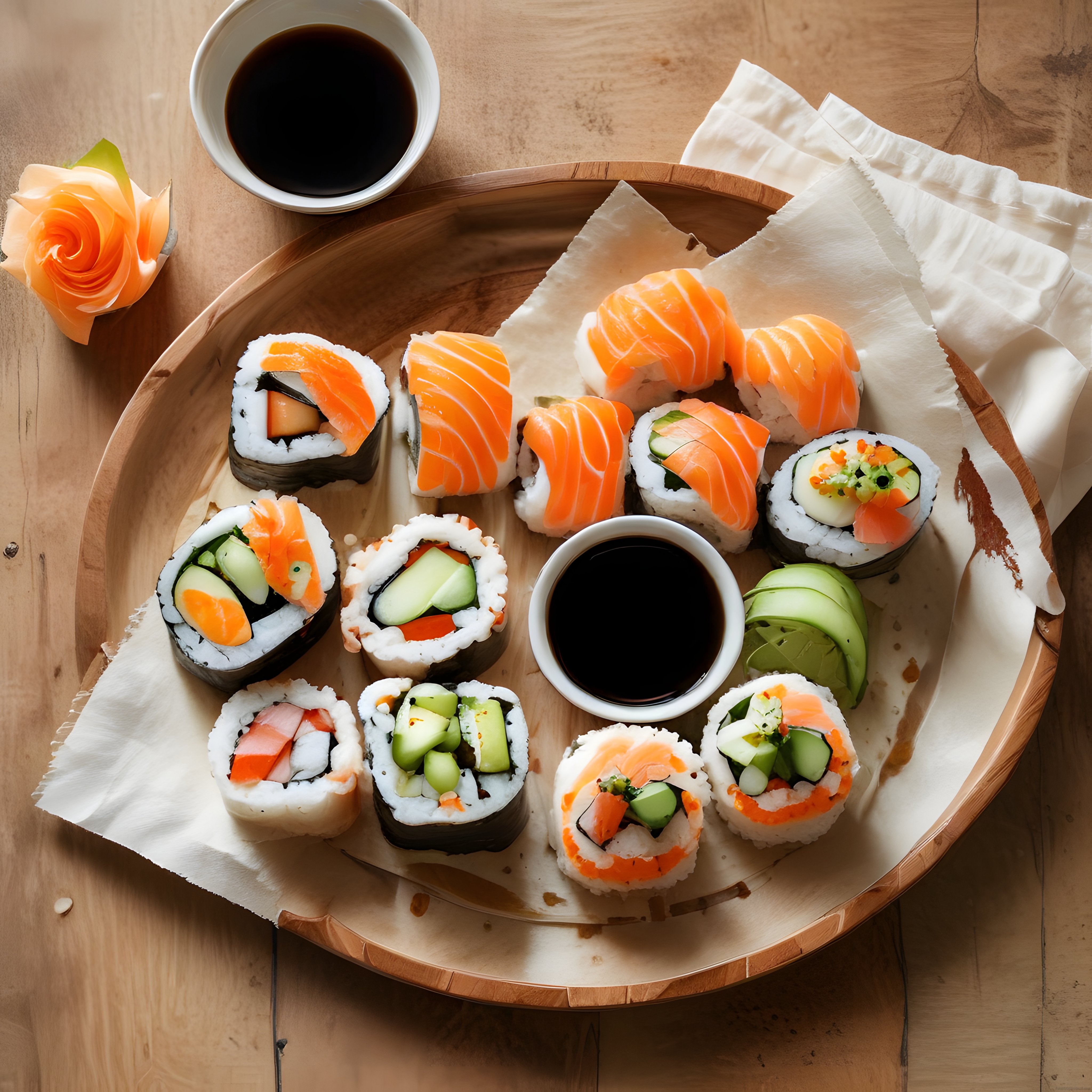 Ahşap Sunum Tepsisinde Çeşitli Sushiler ve Soya Sosu Eşliğinde İkram