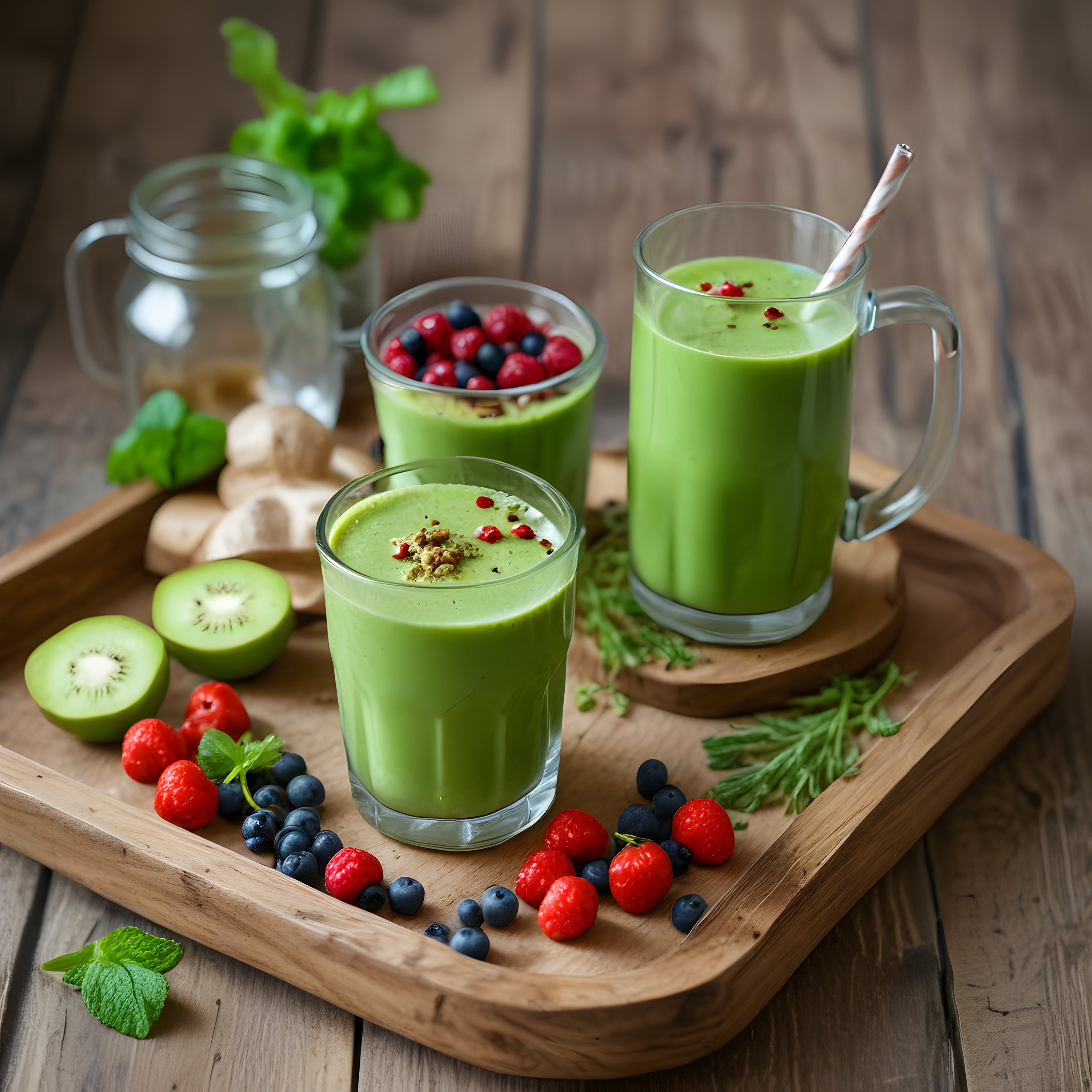 Ahşap Sunum Tepsisinde Doğal Yeşil Smoothie ve Taze Orman Meyveleri