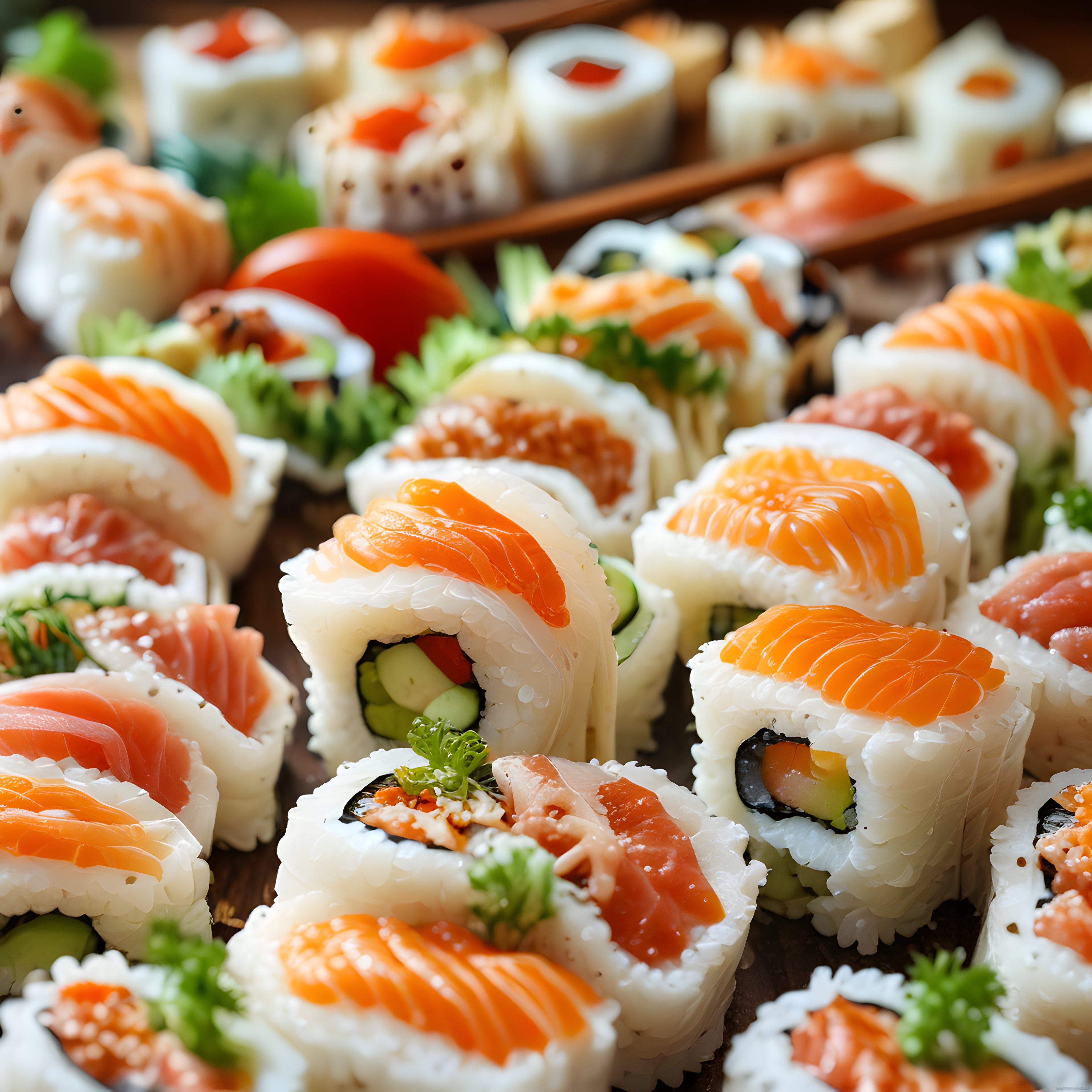 ahşap sunum tepsisinde göz alıcı sushi çeşitleri ve taze somonlu maki rollar