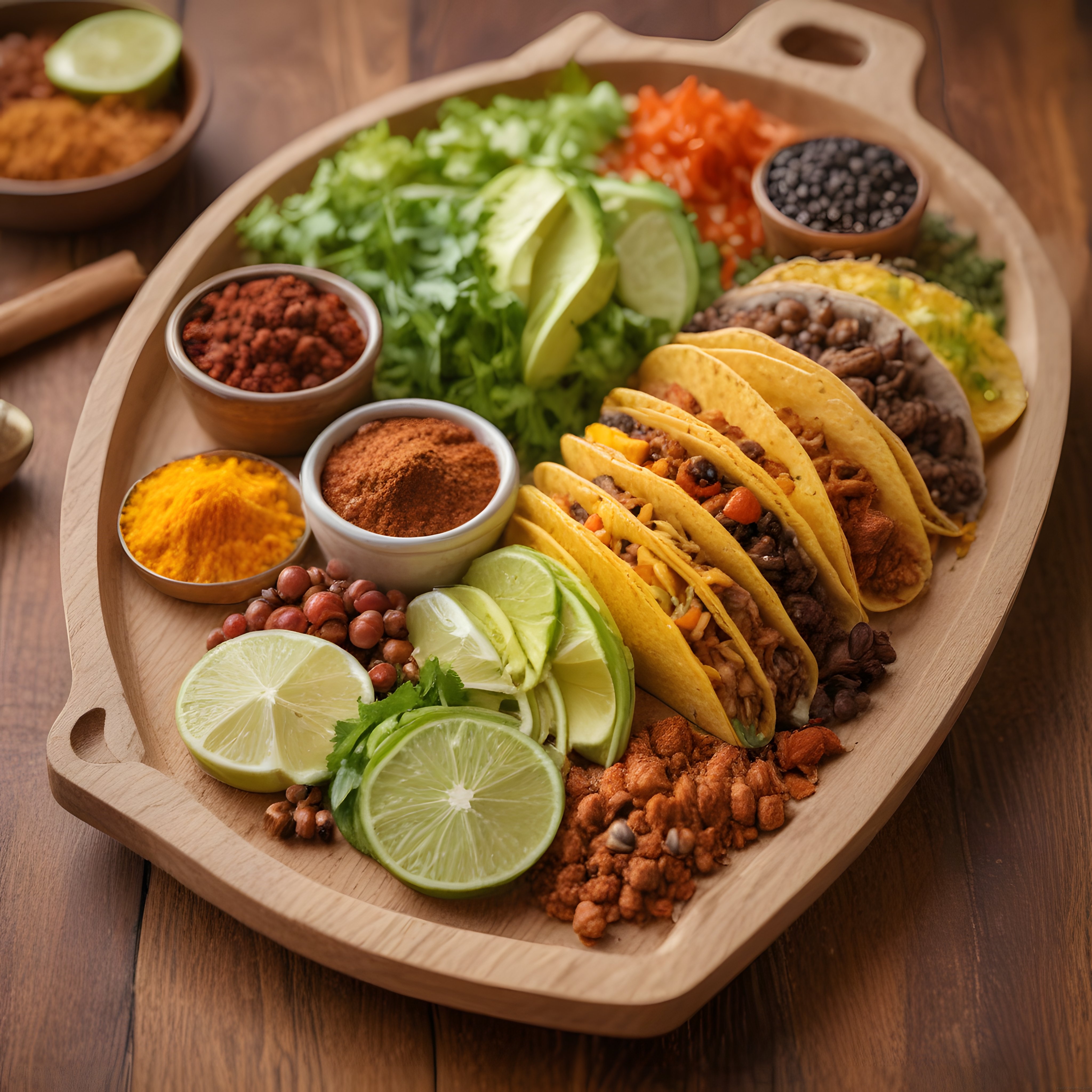 Ahşap sunum tepsisinde Meksika usulü taco, baharatlar ve limon dilimleri