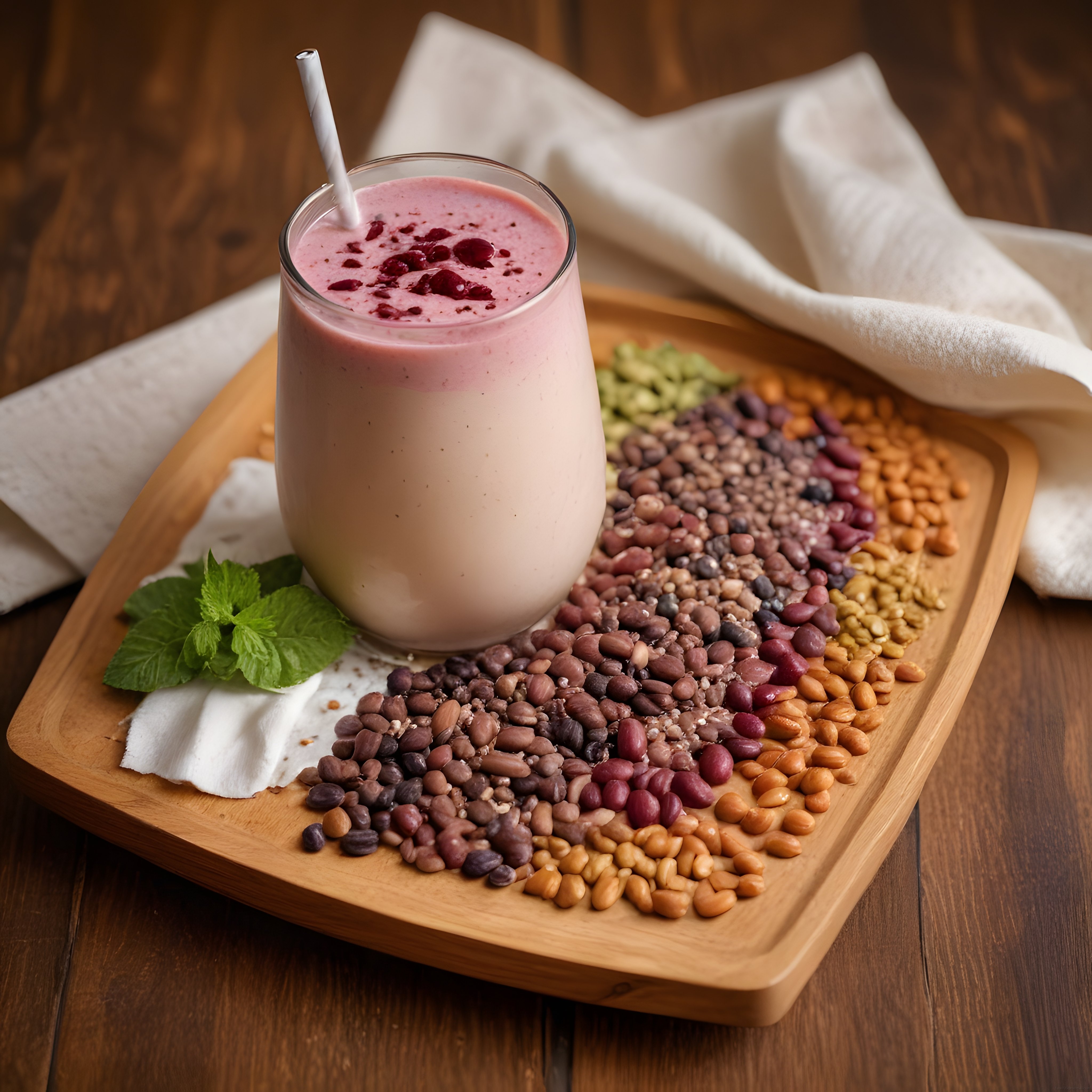 Ahşap Sunum Tepsisinde Renkli Kuruyemişlerle Taze Berry Smoothie Keyfi