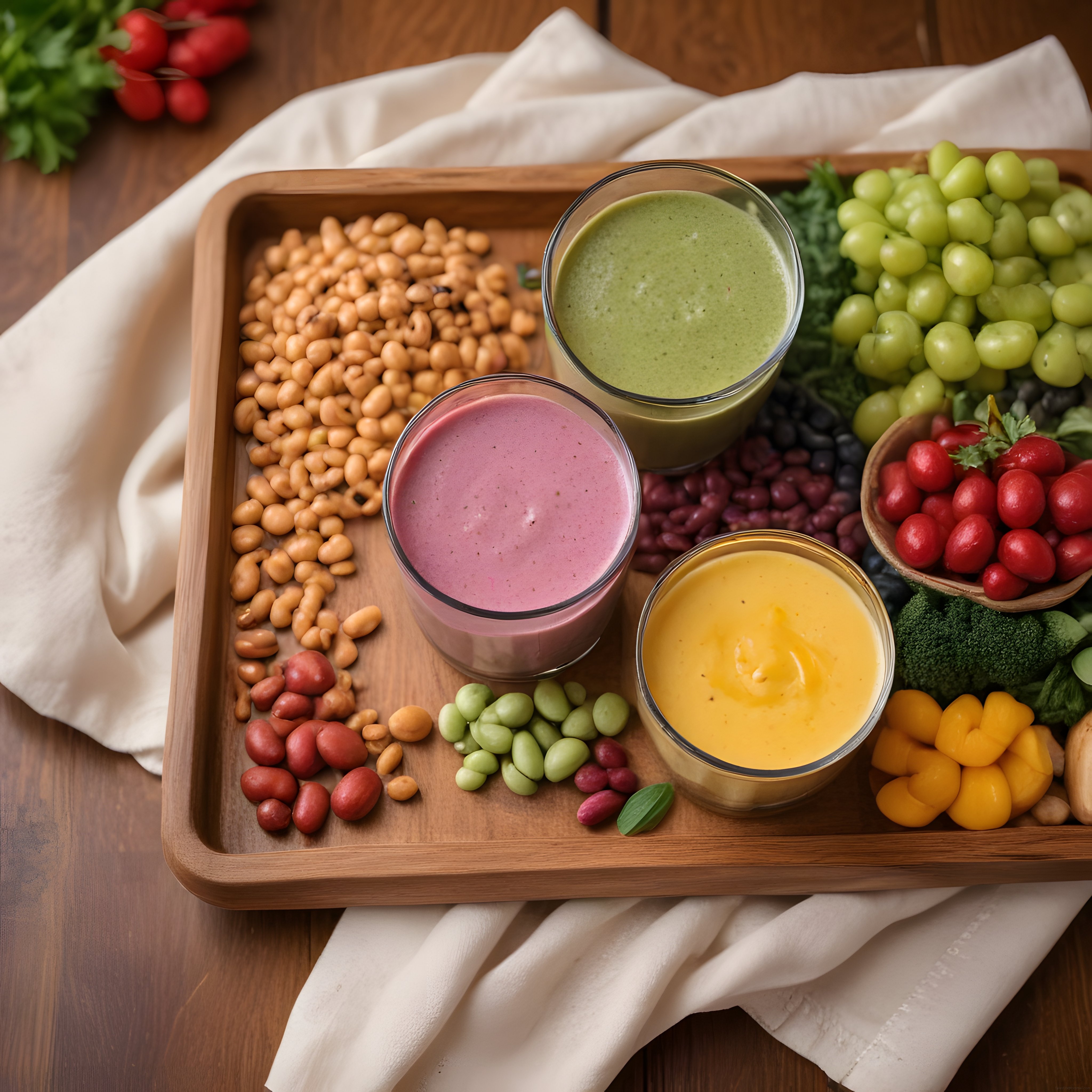 Ahşap Sunum Tepsisinde Renkli Smoothie ve Sağlıklı Vegan Beslenme