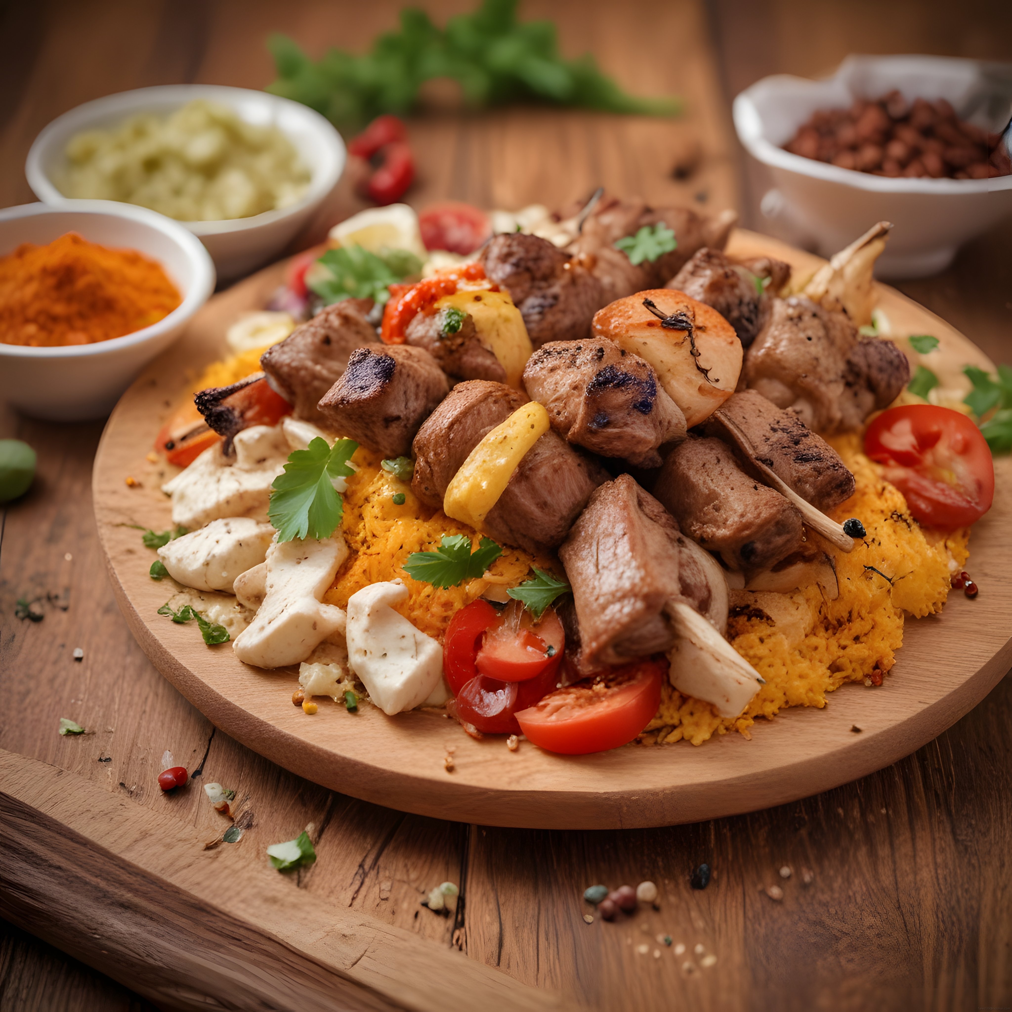 ahşap sunum tepsisinde şiş kebap sarı pilav peynir ve baharat sos eşliğinde
