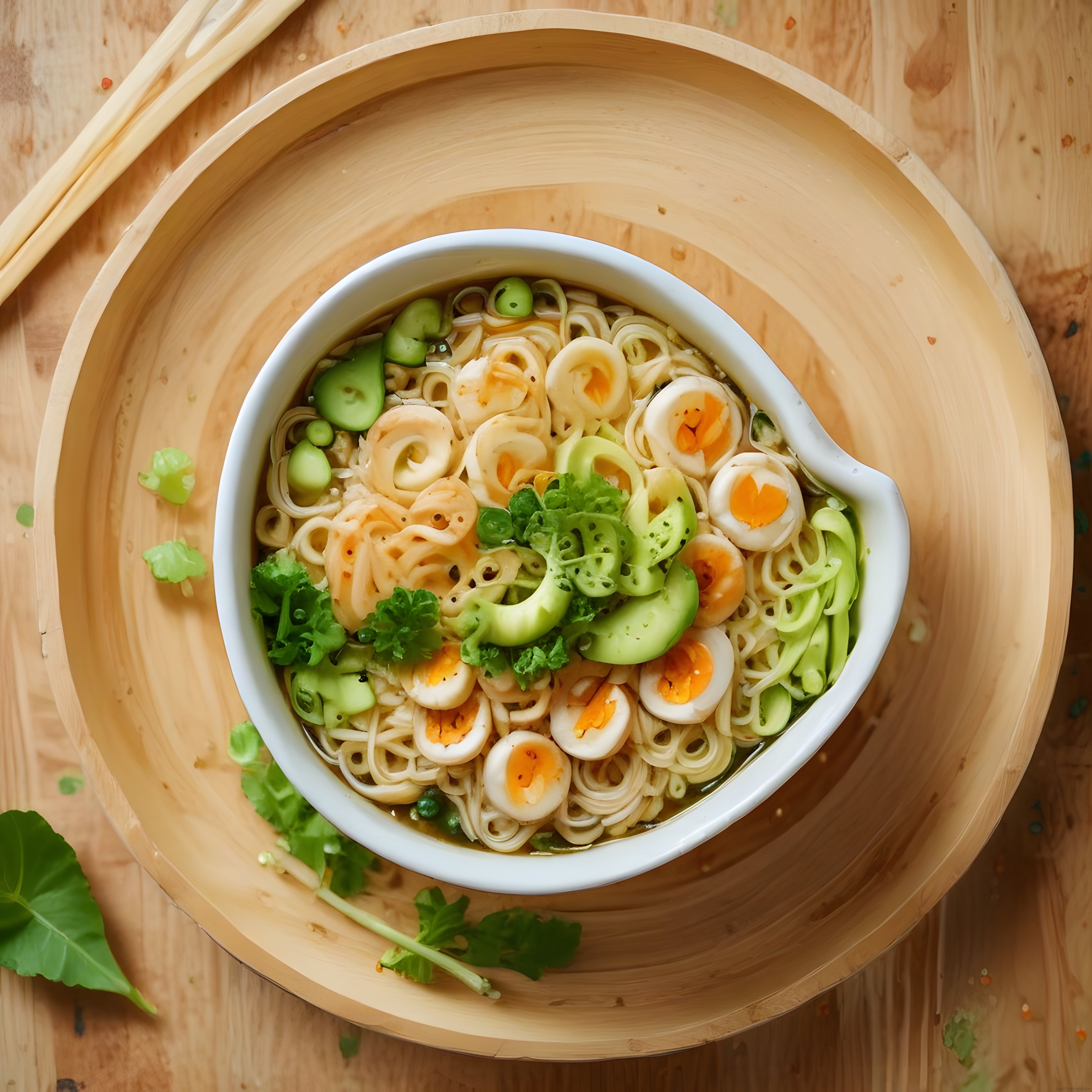 Ahşap Sunum Tepsisinde Taze Sebzeli ve Yumurtalı Asya Noodle Çorbası