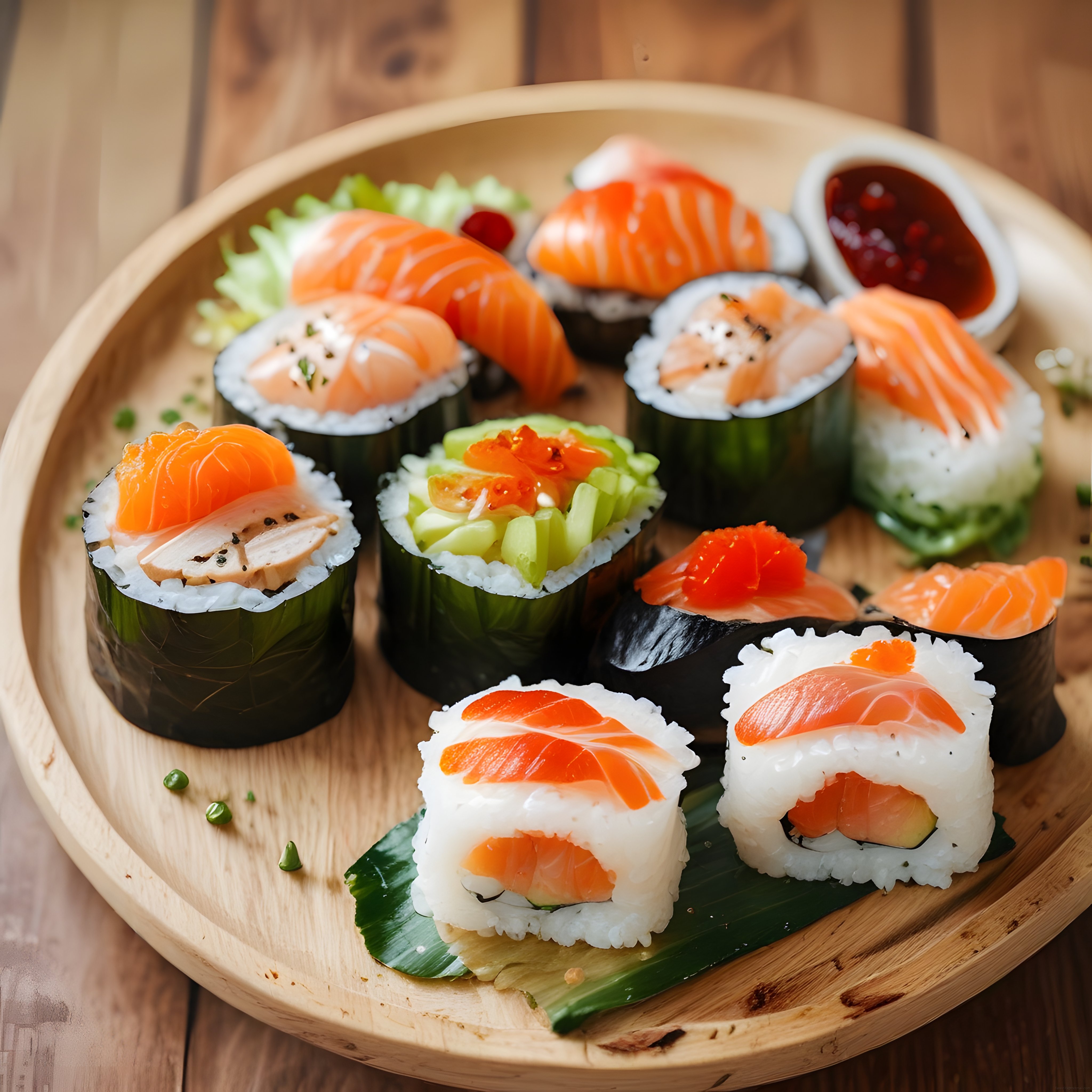 Ahşap sunum tepsisinde taze somonlu çeşitli sushi ve maki çeşitleri