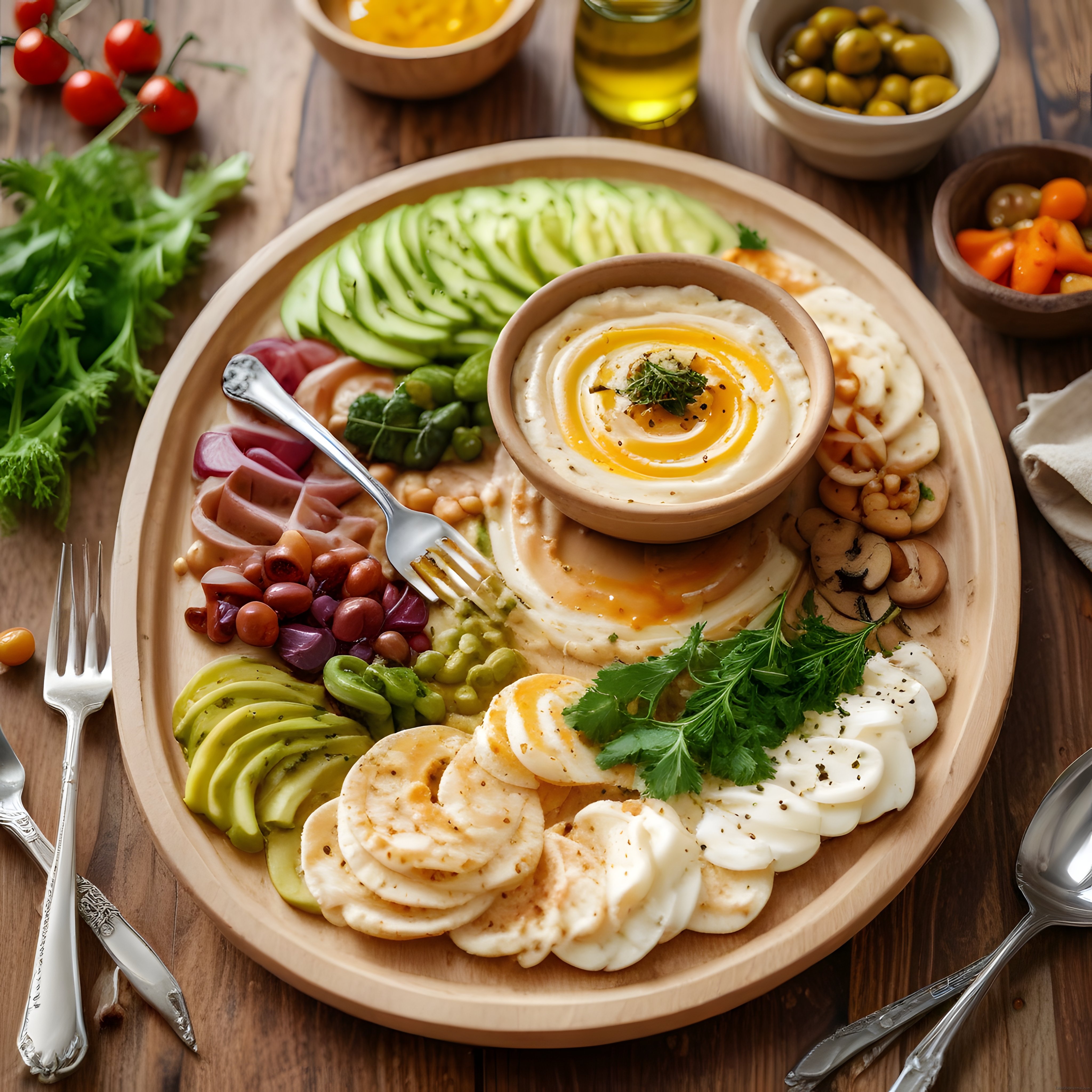 Ahşap Sunum Tepsisinde Yöresel Kahvaltı: Peynir, Humus, Avokado, Zeytin
