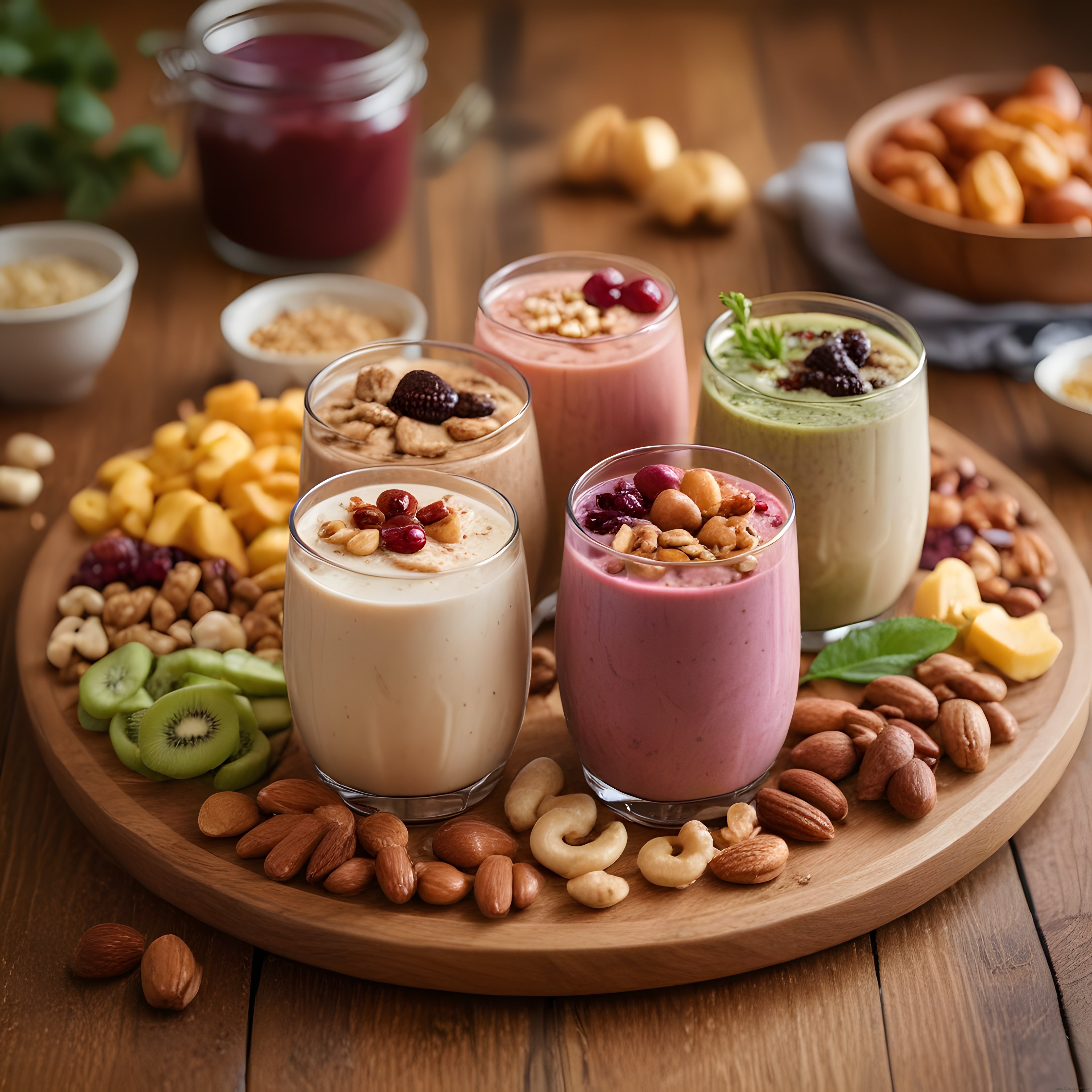 Ahşap Sunum Üzerinde Beş Farklı Lezzetli Smoothie ve Kuruyemişler