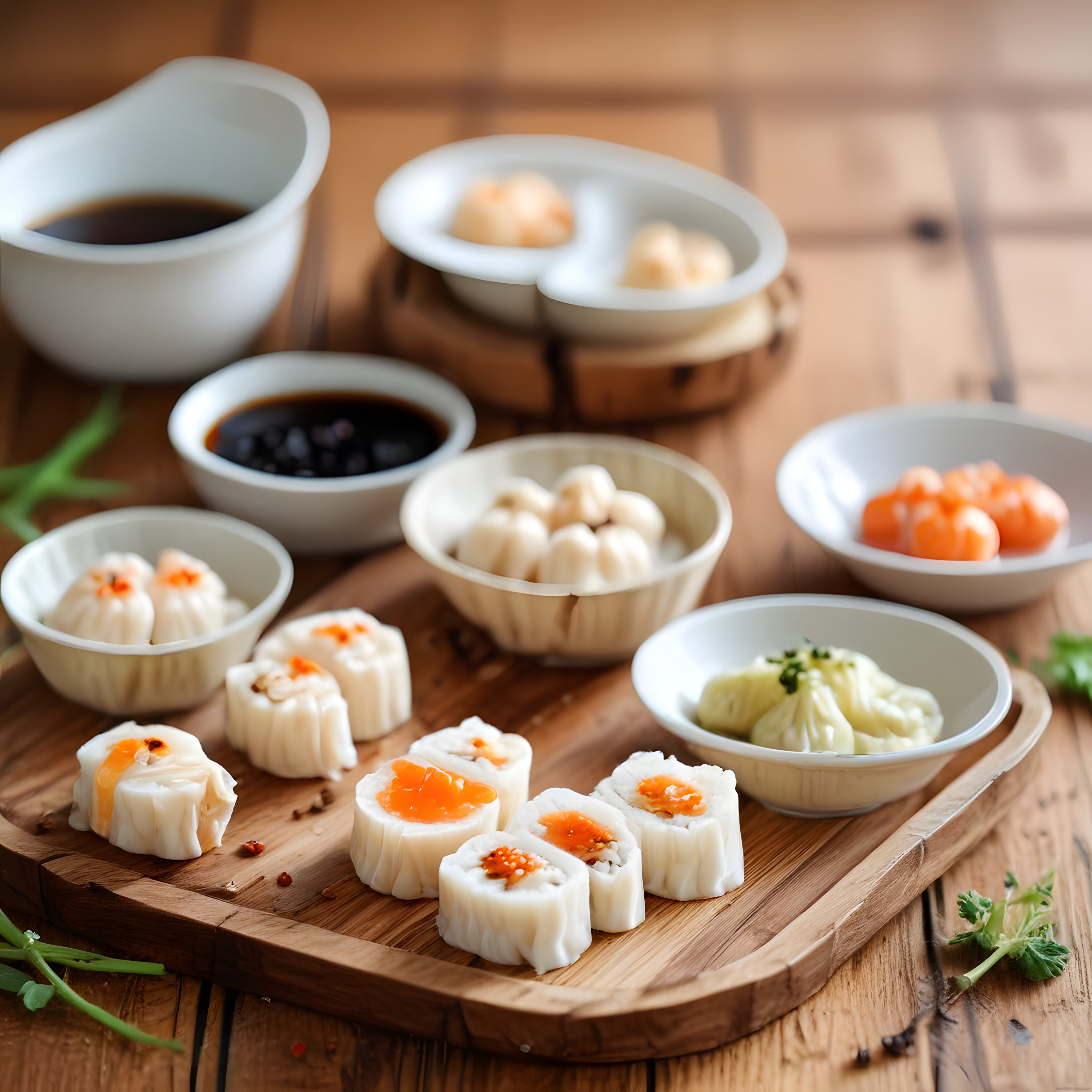 Ahşap sunum üzerinde çeşitli Asya mantıları dim sum ve soya sosu eşlikçisi