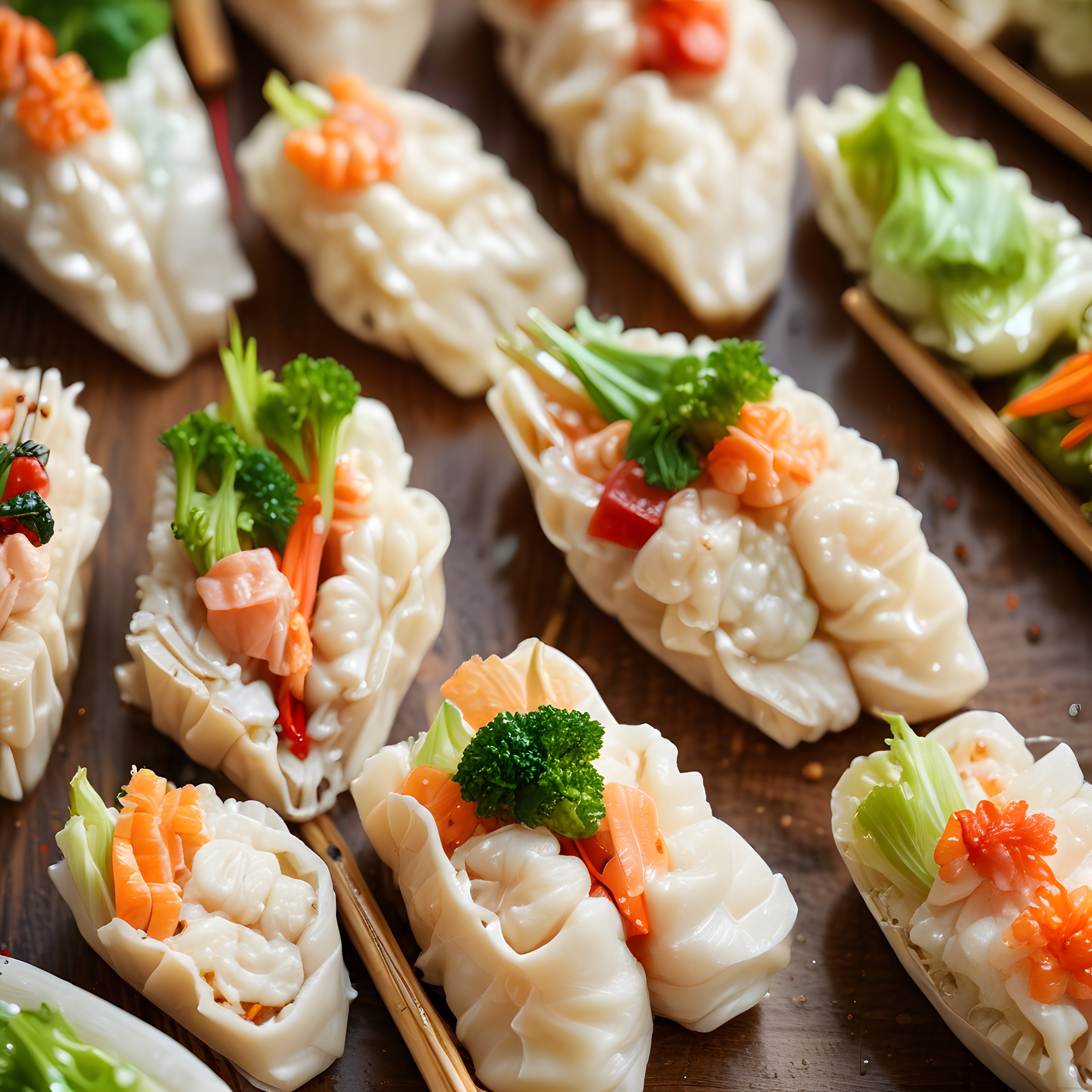 Ahşap Sunum Üzerinde Çeşitli Süslenmiş Asya Mantısı ve Dim Sum Çeşitleri