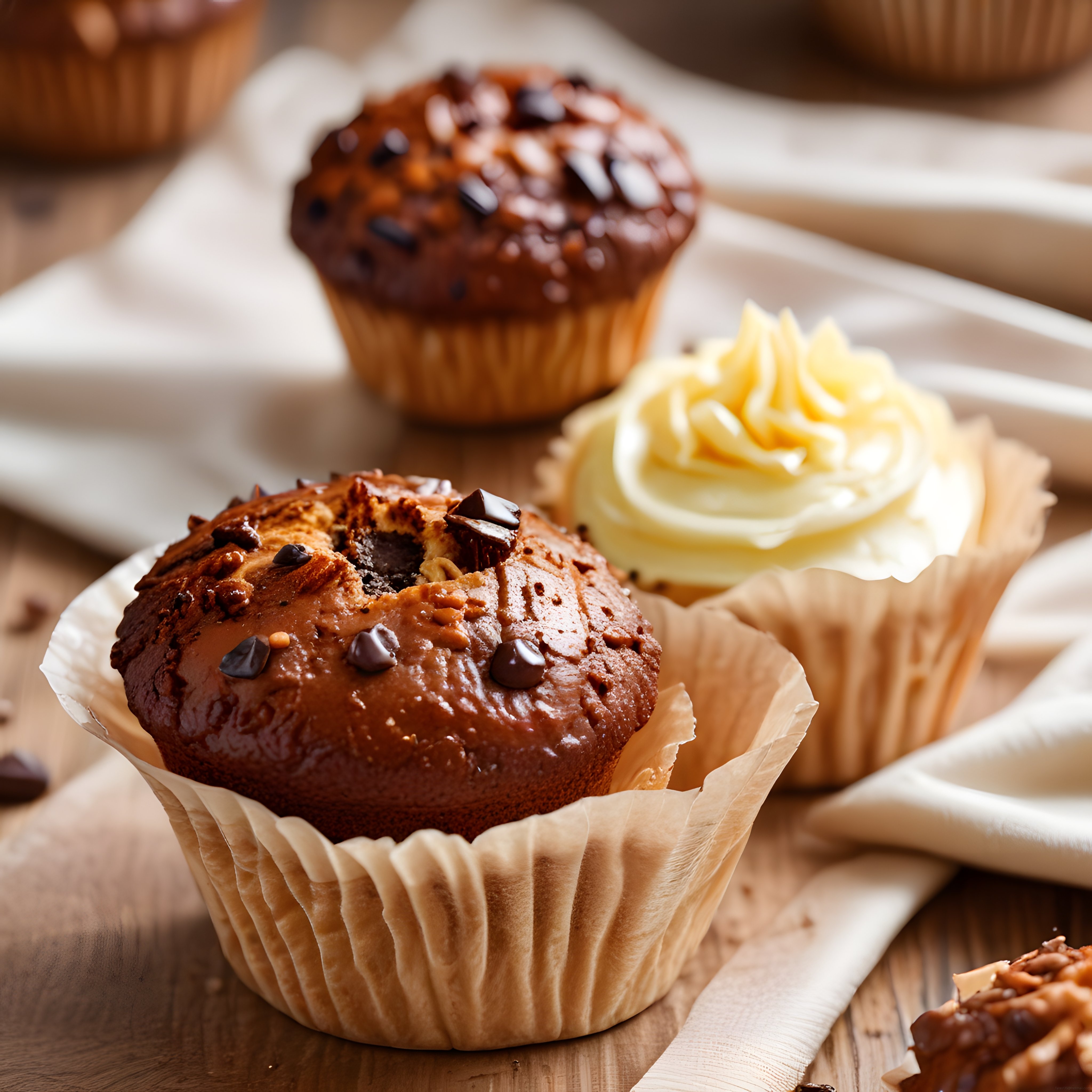 Ahşap sunum üzerinde çikolatalı muffin ve kremalı cupcake çeşitleri