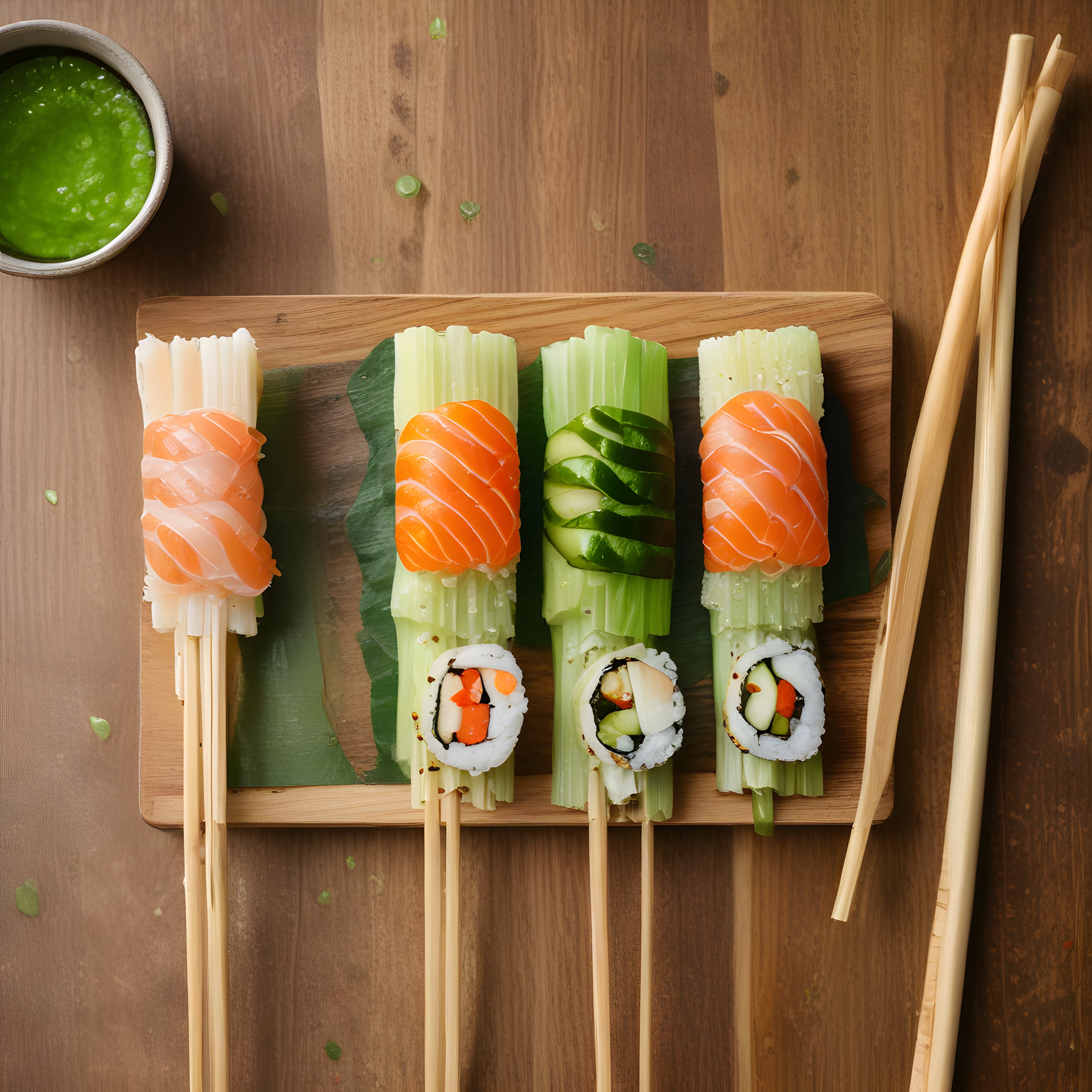 Ahşap Sunum Üzerinde Çubuklarda Somonlu Sushi ve Taze Sebzeler