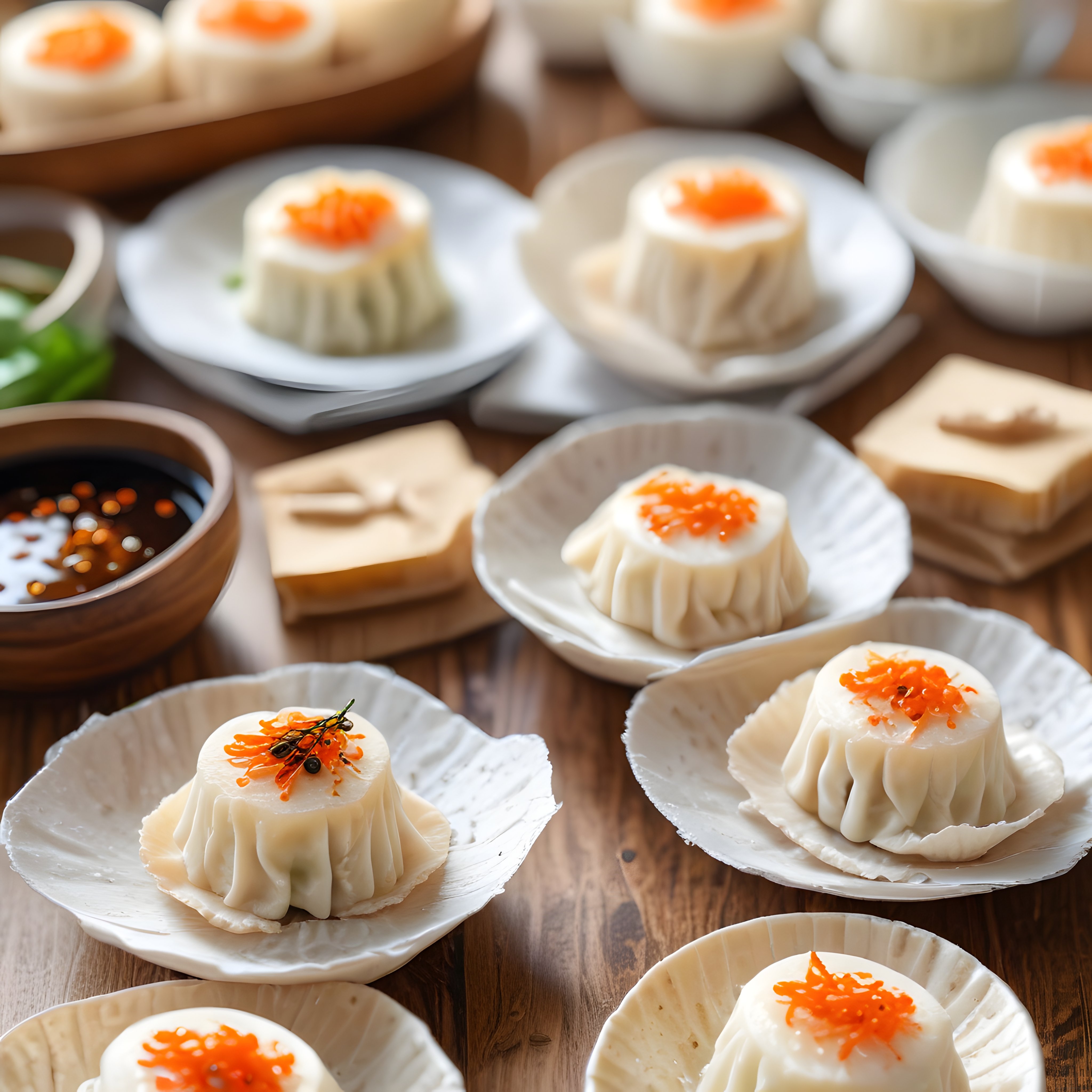 Ahşap Sunum Üzerinde Dim Sum ve Soya Sosu ile Uzak Doğu Lezzeti
