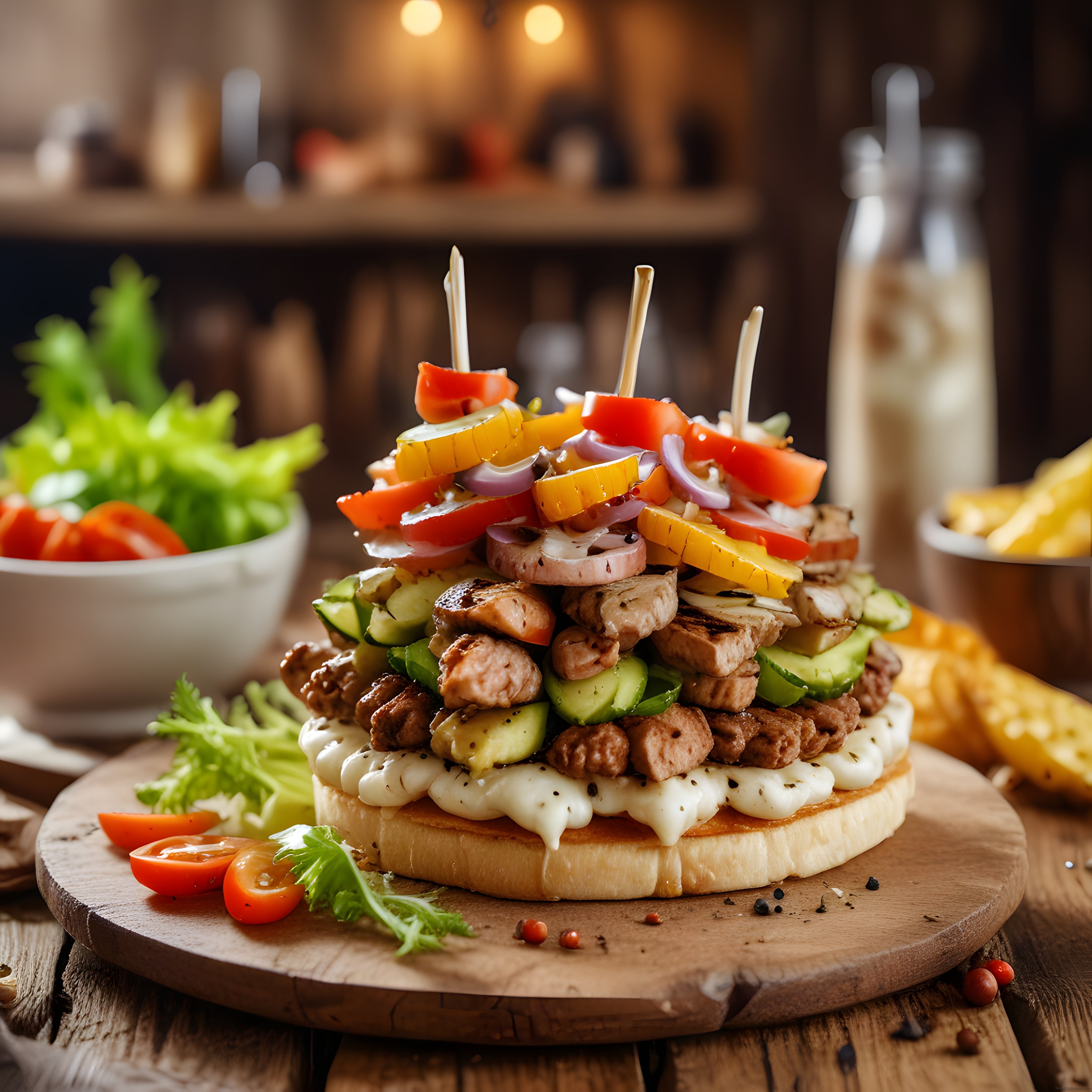 Ahşap Sunum Üzerinde Ekmek Tabanlı Istiflenmiş Etli Peynirli Açık Tost
