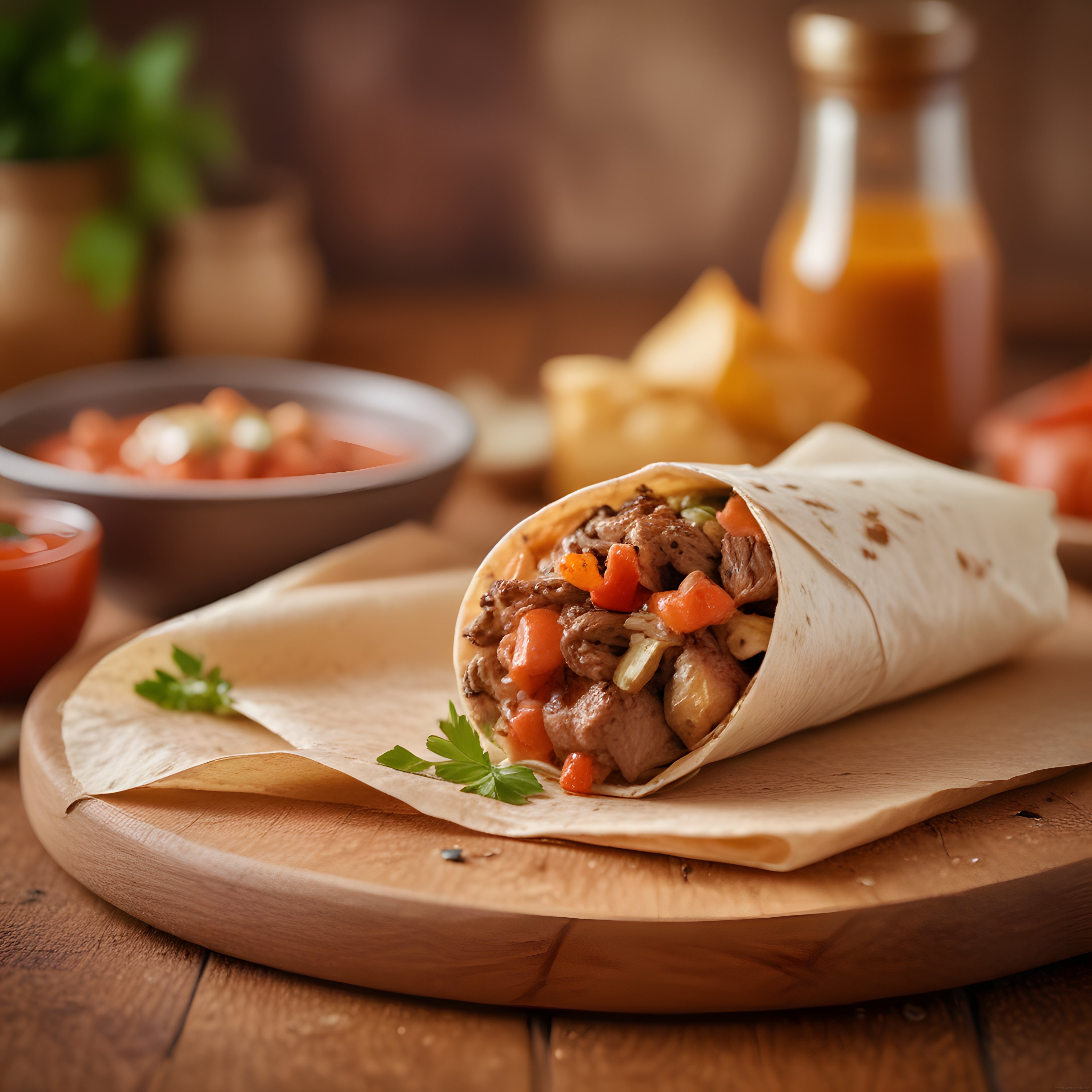 Ahşap Sunum Üzerinde Etli Burrito ve Nacho Cipsiyle Meksika Lezzeti