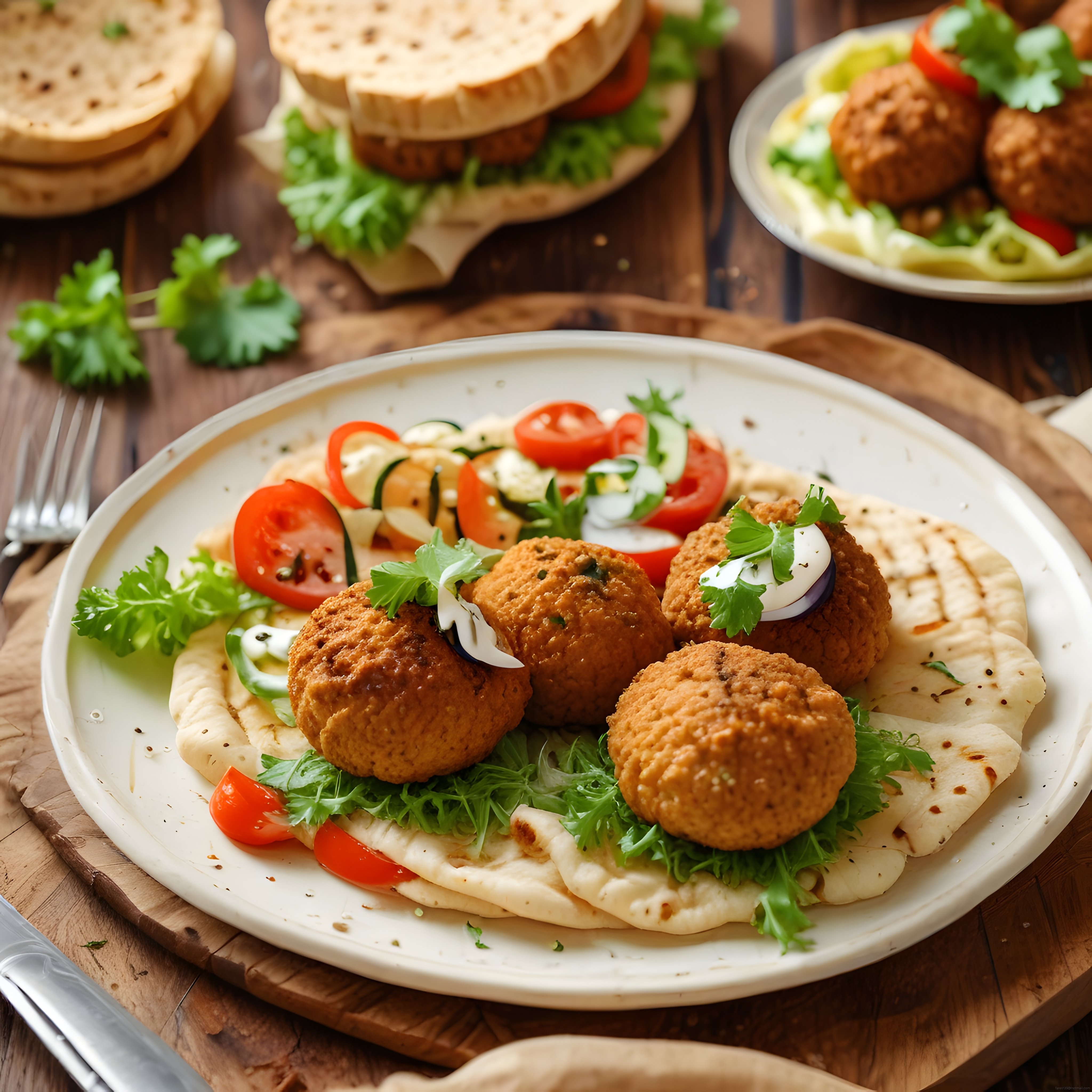 Ahşap Sunum Üzerinde Falafel ve Taze Sebzeli Nefis Pita Tabağı