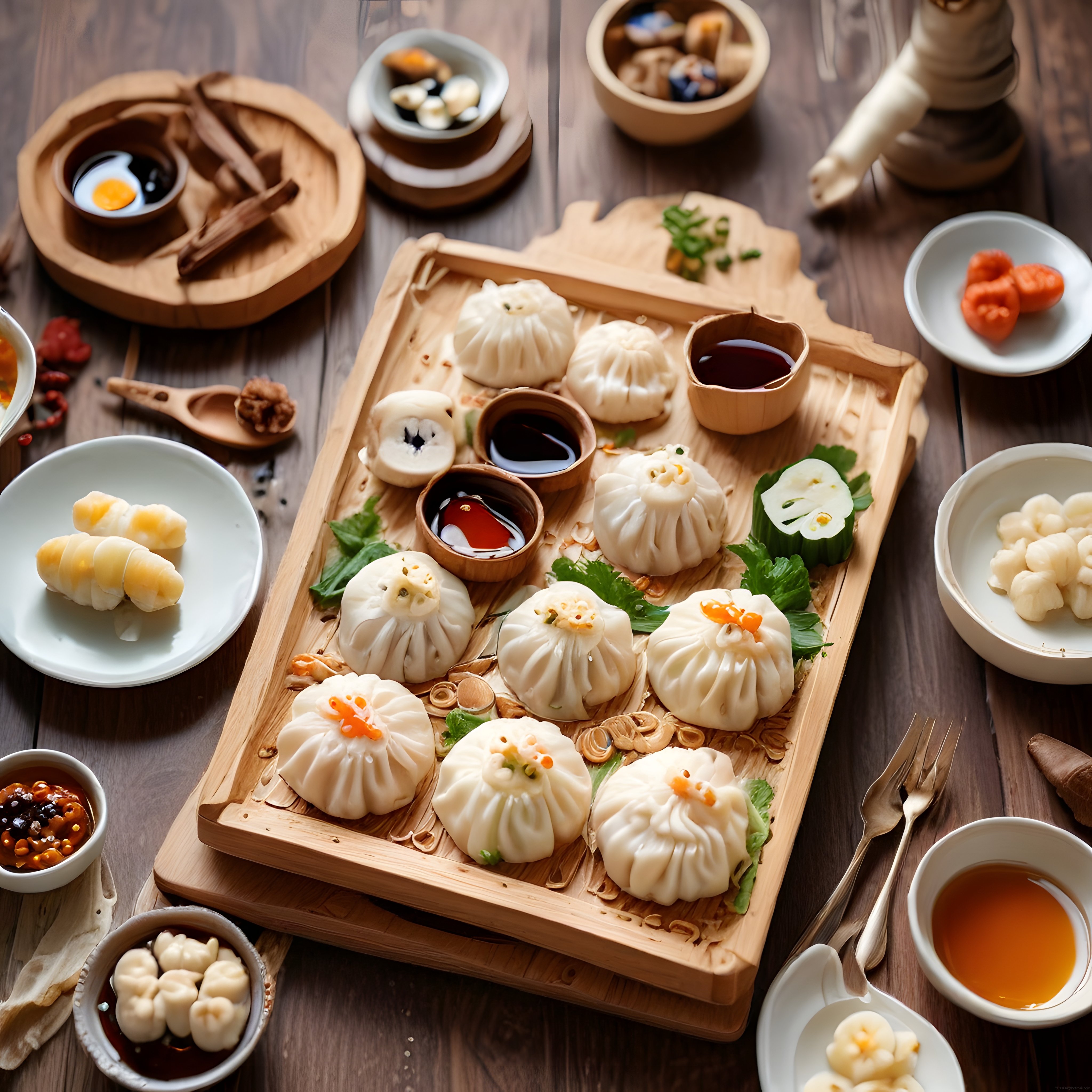 Ahşap Sunum Üzerinde Geleneksel Dim Sum ve Asya Mantı Çeşitleri