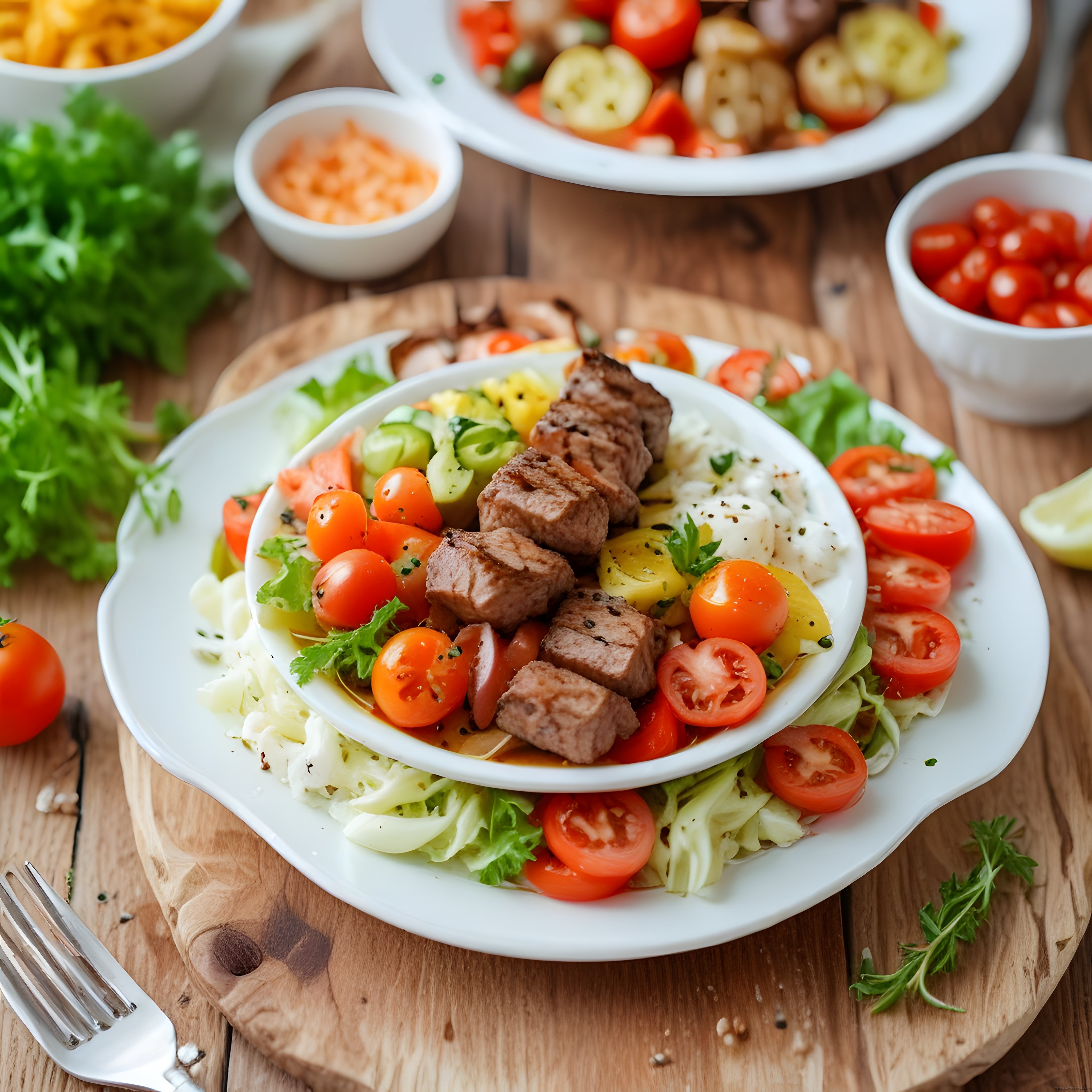 Ahşap Sunum Üzerinde Izgarada Bonfileli Renkli Salata ve Mozzarella Kasesi
