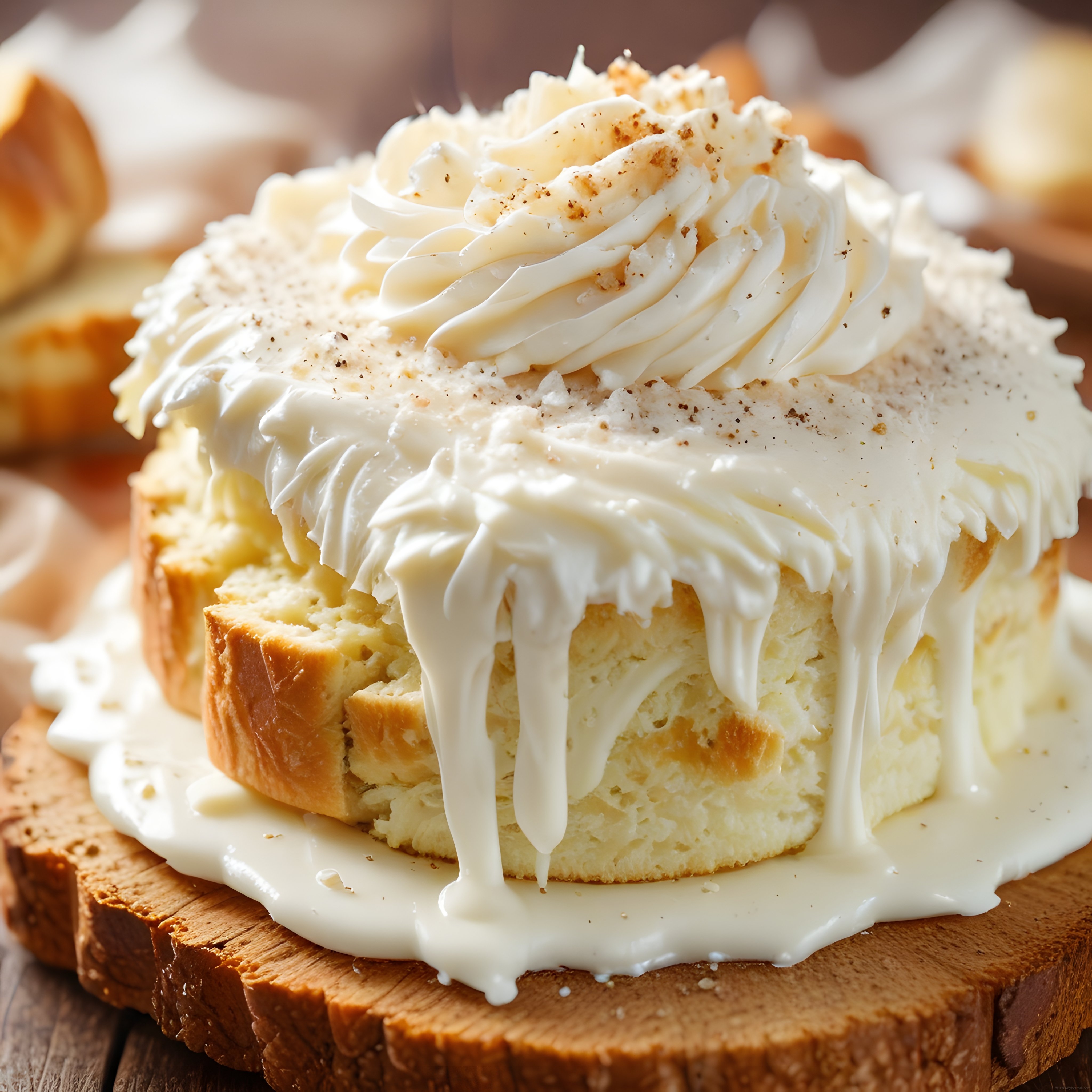 Ahşap Sunum Üzerinde Kremalı ve Beyaz Soslu Cheesecake Tatlısı