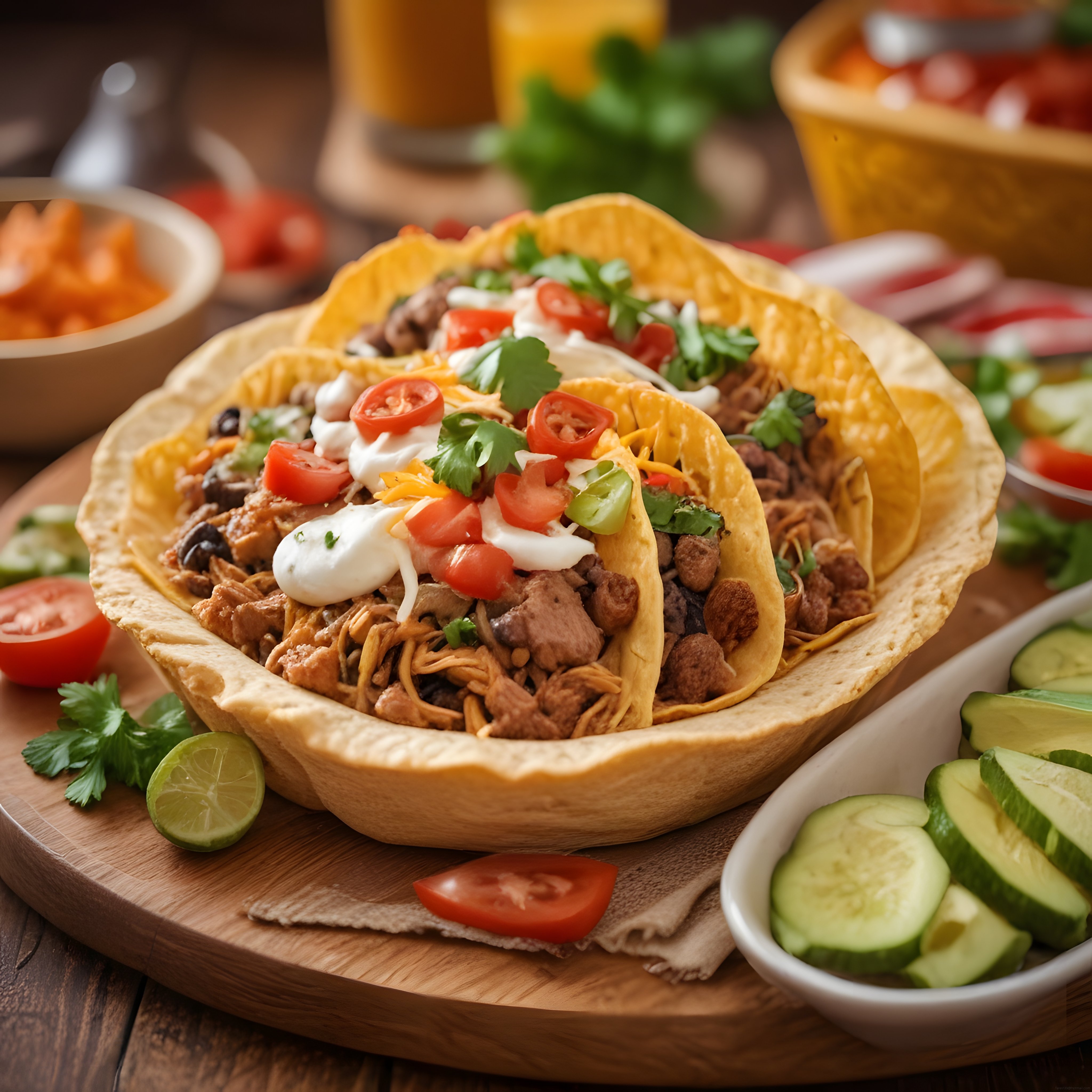 Ahşap Sunum Üzerinde Meksika Usulü Baharatlı Etli Taco ve Renkli Garnitürler