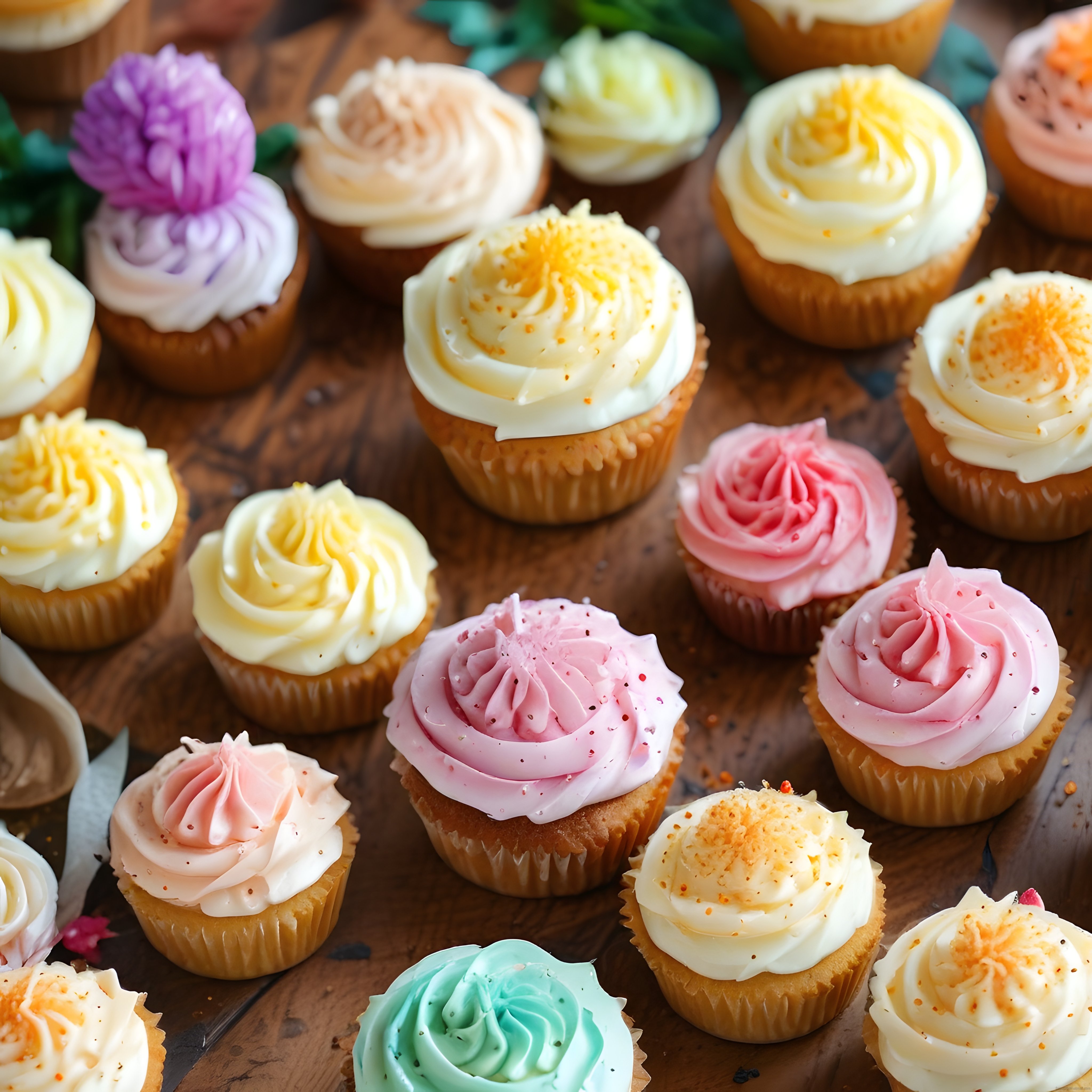 Ahşap Sunum Üzerinde Pastel Renkli Krema Süslemeli Cupcake Çeşitleri