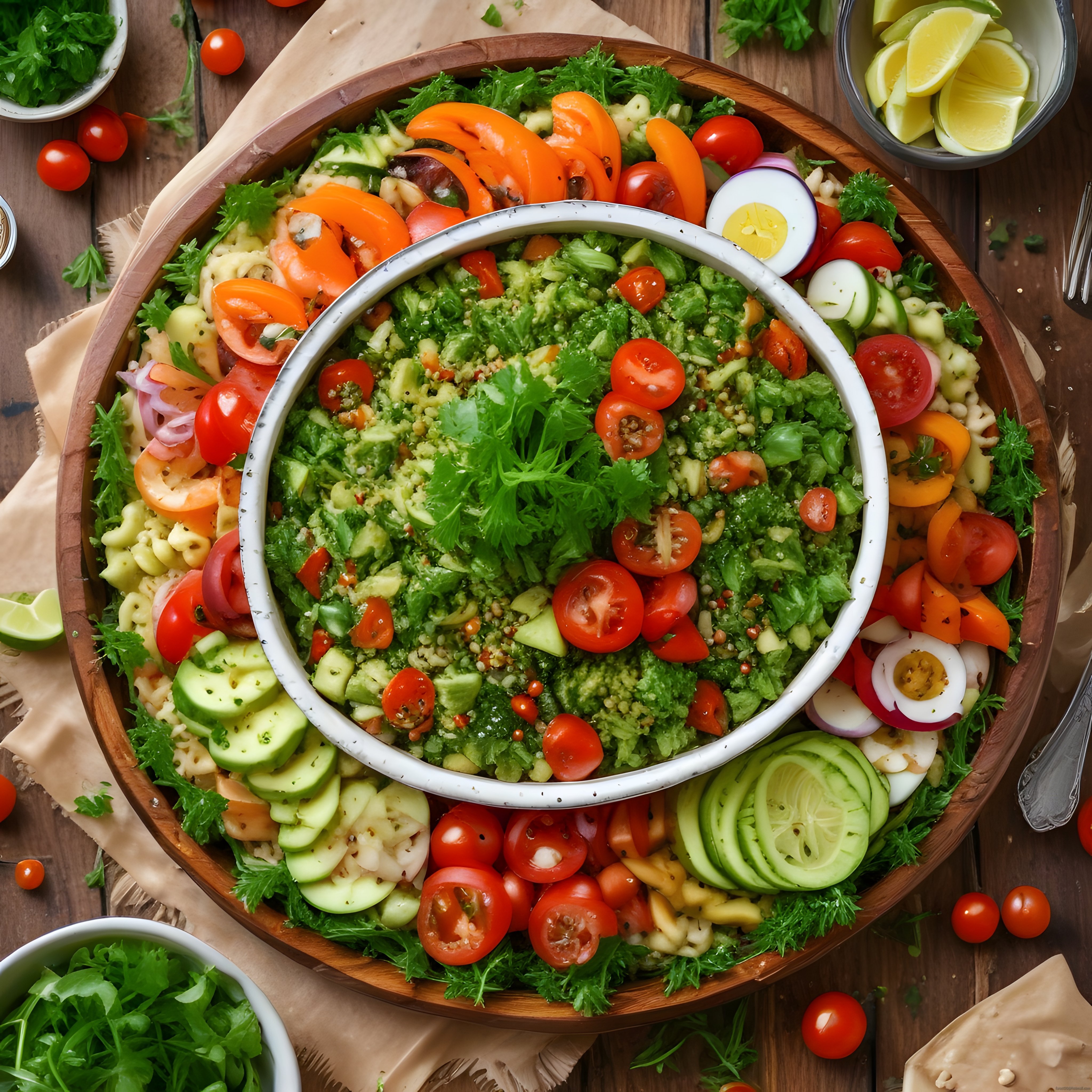 Ahşap Sunum Üzerinde Renkli Besleyici Salata Kasesi ve Sağlıklı Sofra Düzeni