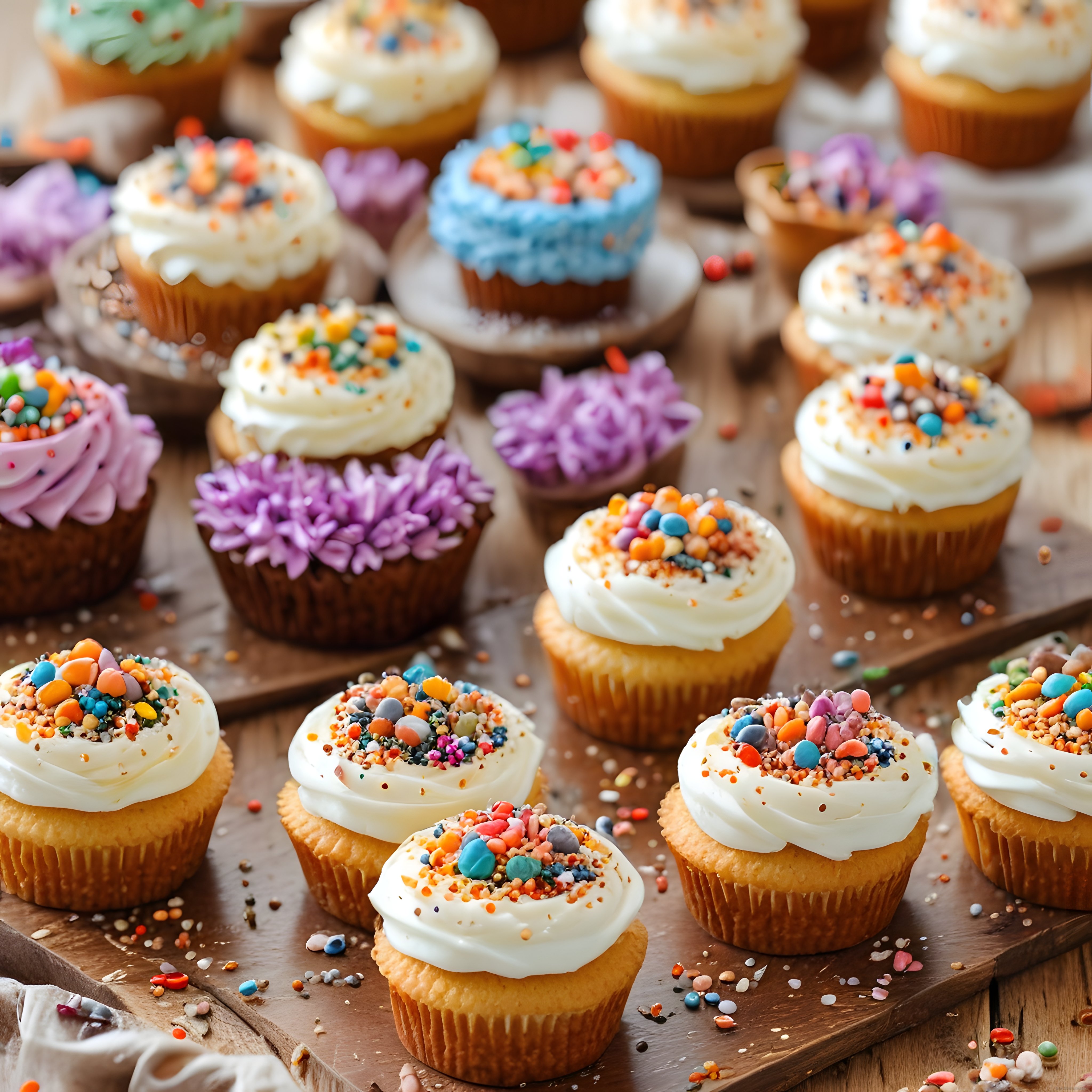 Ahşap Sunum Üzerinde Renkli Şekerlemeli ve Çiçekli Cupcake Çeşitleri