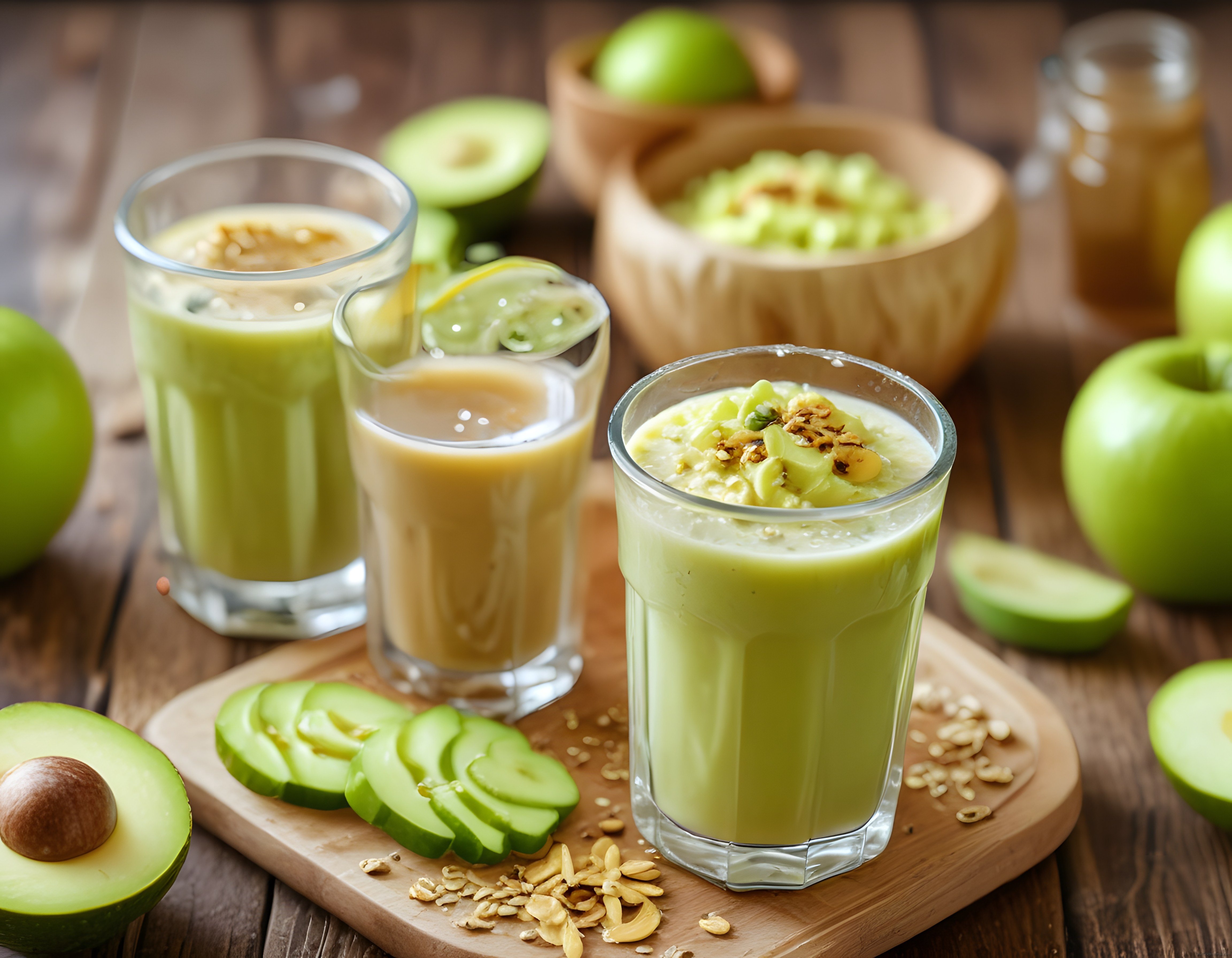 Ahşap Sunum Üzerinde Taze Avokadolu Elmalı Detoks Smoothie Bardakları