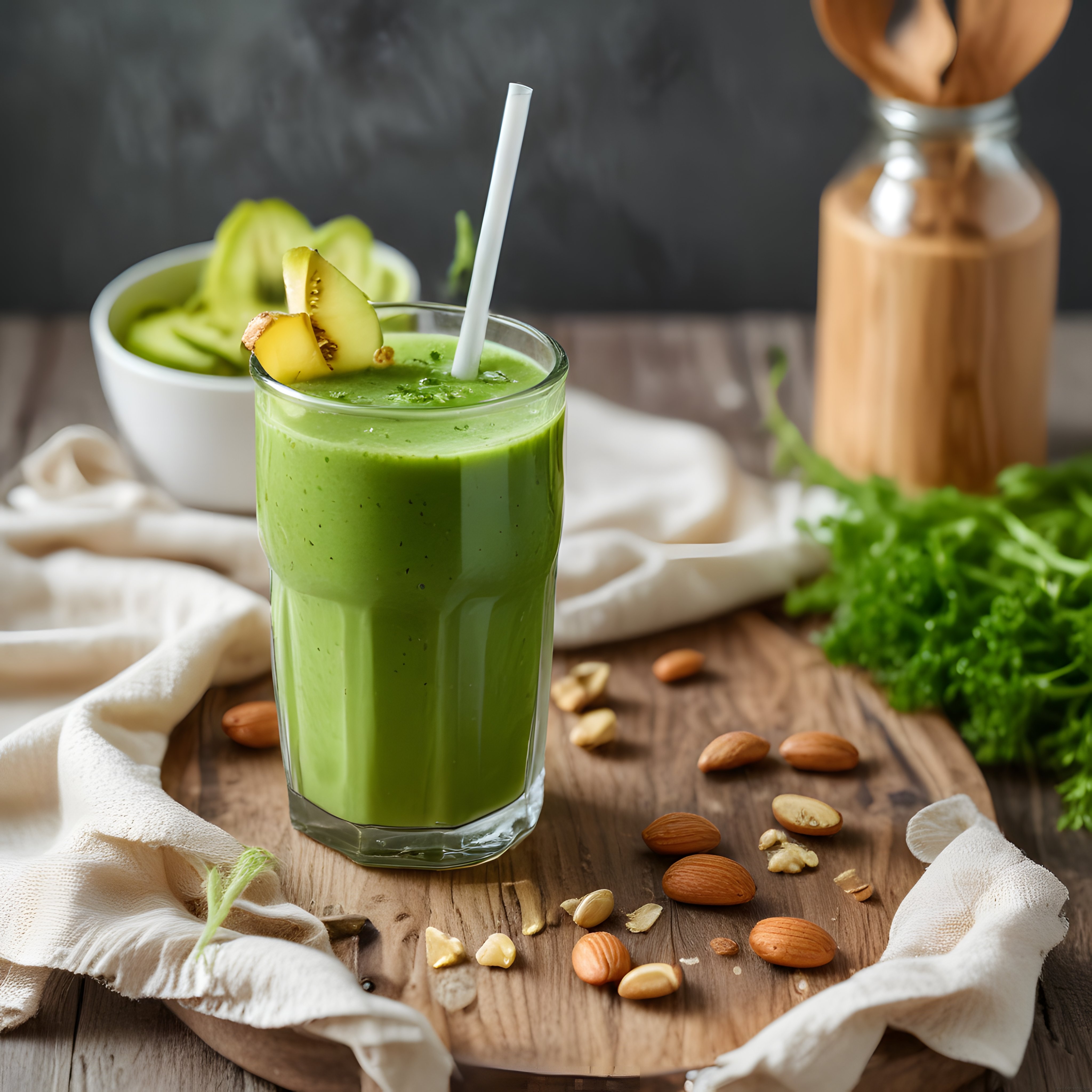 Ahşap Sunum Üzerinde Taze Kivili Yeşil Smoothie ve Kuruyemişler